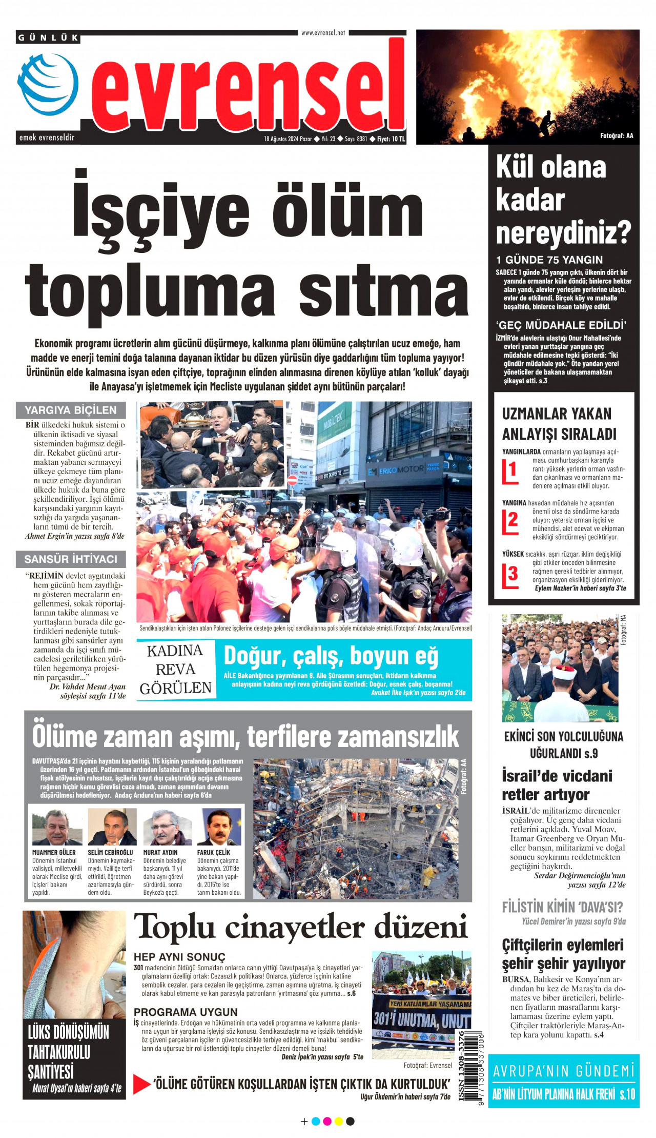 EVRENSEL gazetesinin 18 Ağustos 2024 tarihli birinci sayfası