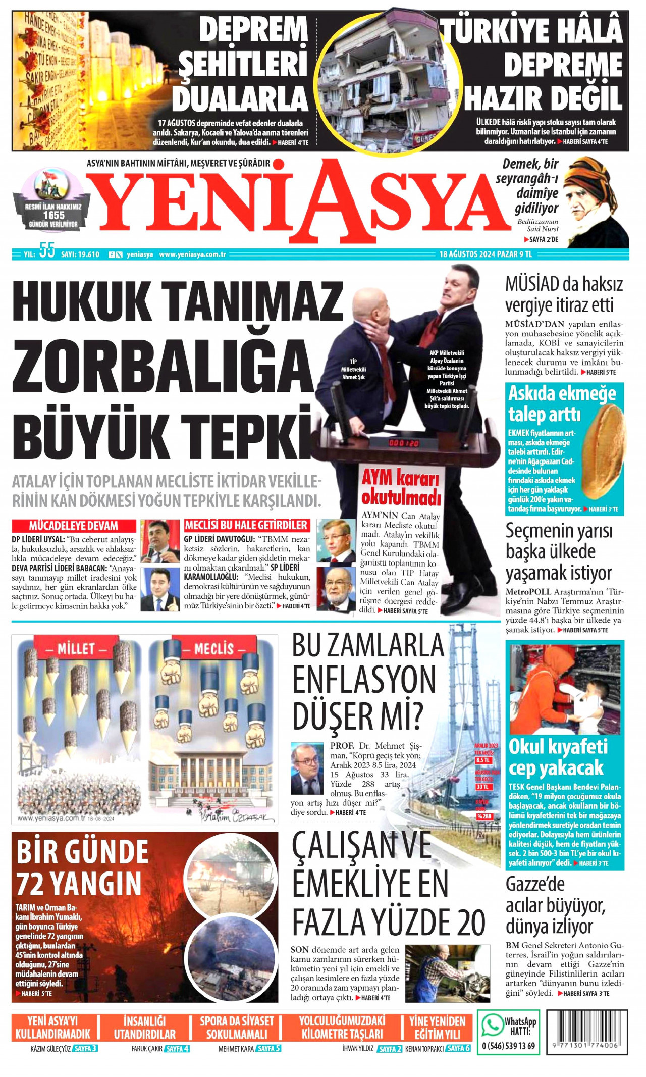 YENİ ASYA gazetesinin 18 Ağustos 2024 tarihli birinci sayfası