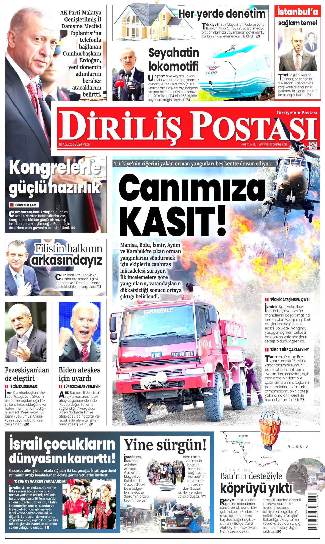 DİRİLİŞ POSTASI gazetesinin 18 Ağustos 2024 tarihli birinci sayfası
