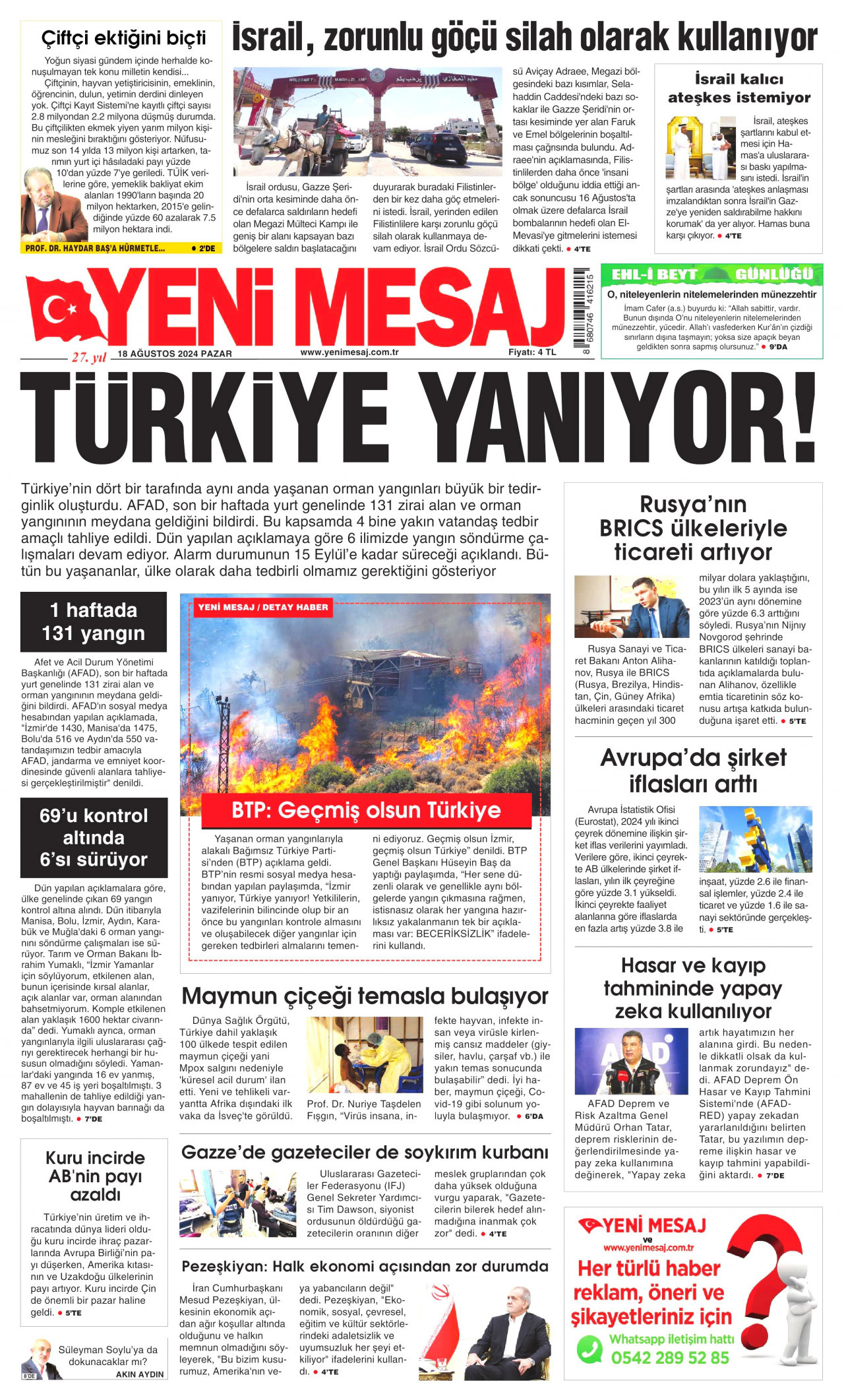 YENİ MESAJ gazetesinin 18 Ağustos 2024 tarihli birinci sayfası