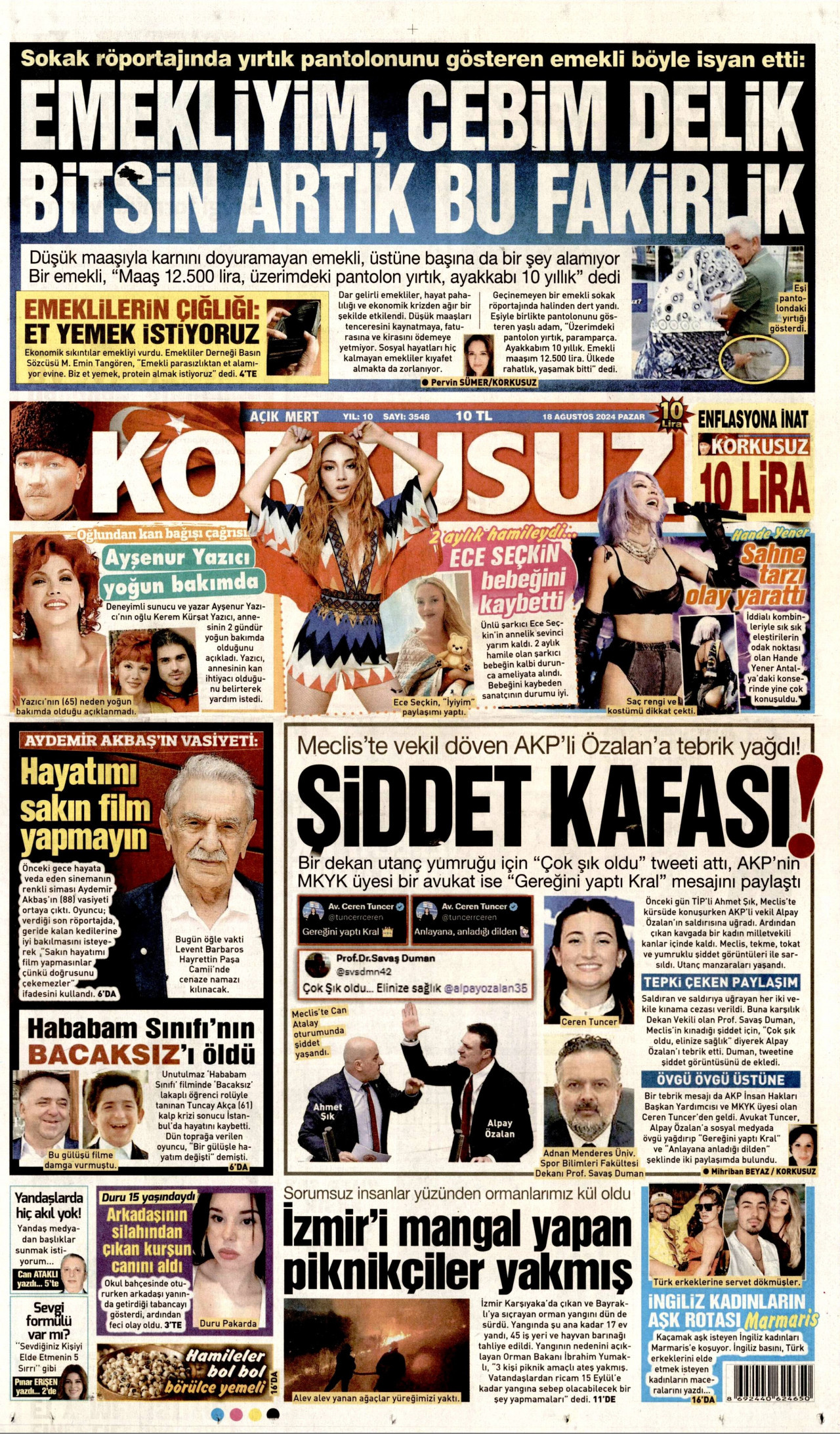 KORKUSUZ gazetesinin 18 Ağustos 2024 tarihli birinci sayfası