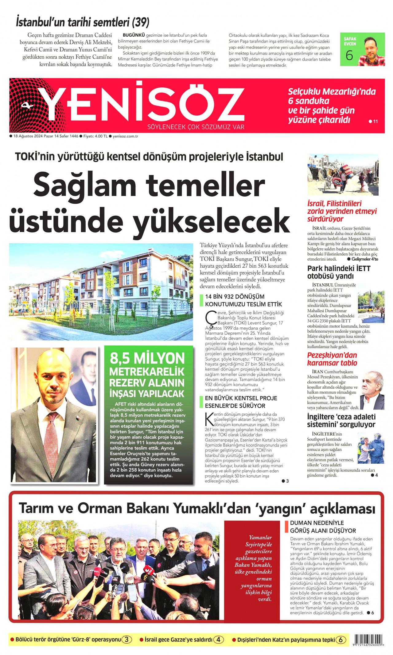 YENİ SÖZ GAZETESİ gazetesinin 18 Ağustos 2024 tarihli birinci sayfası