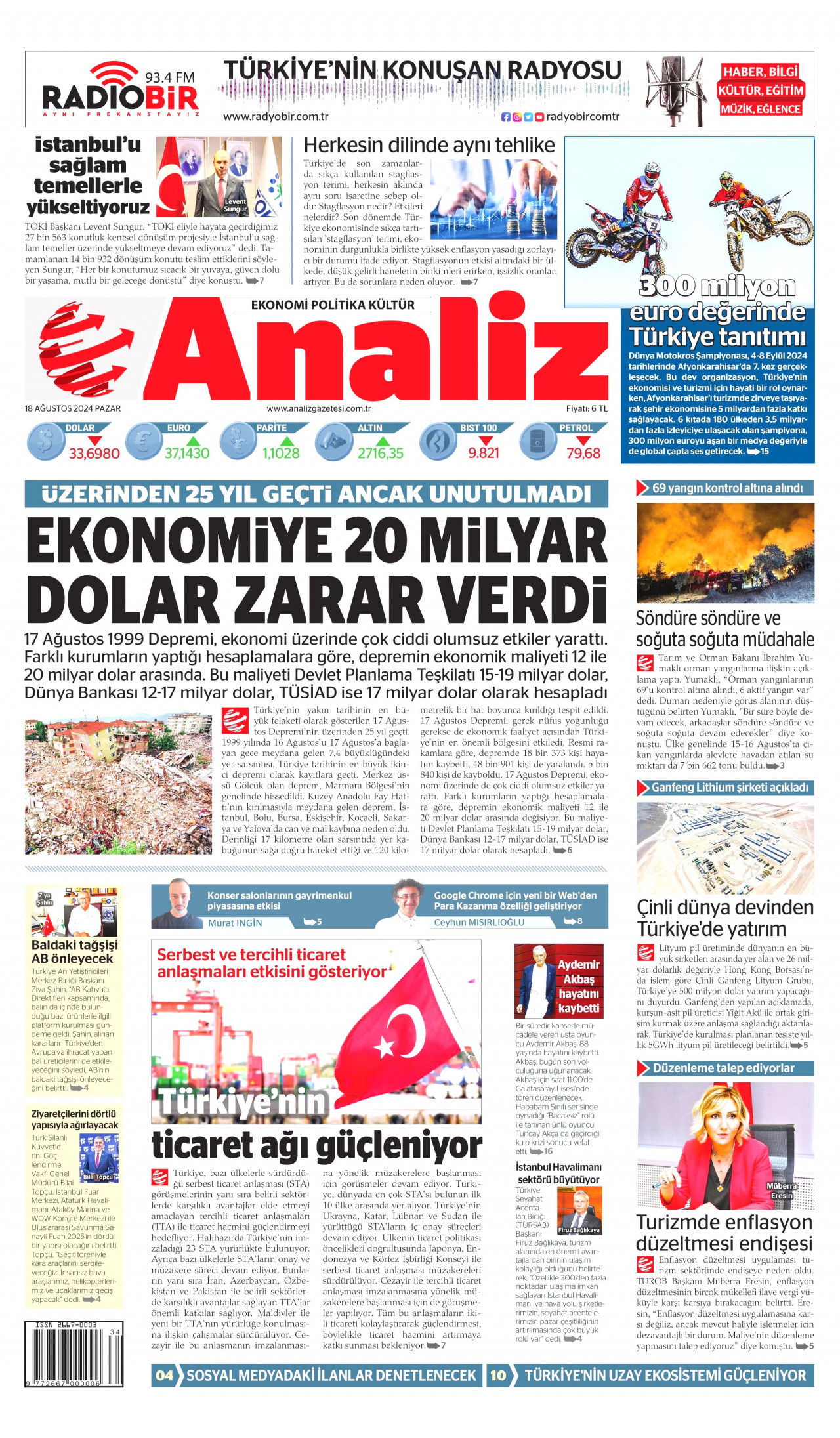 ANALİZ gazetesinin 18 Ağustos 2024 tarihli birinci sayfası