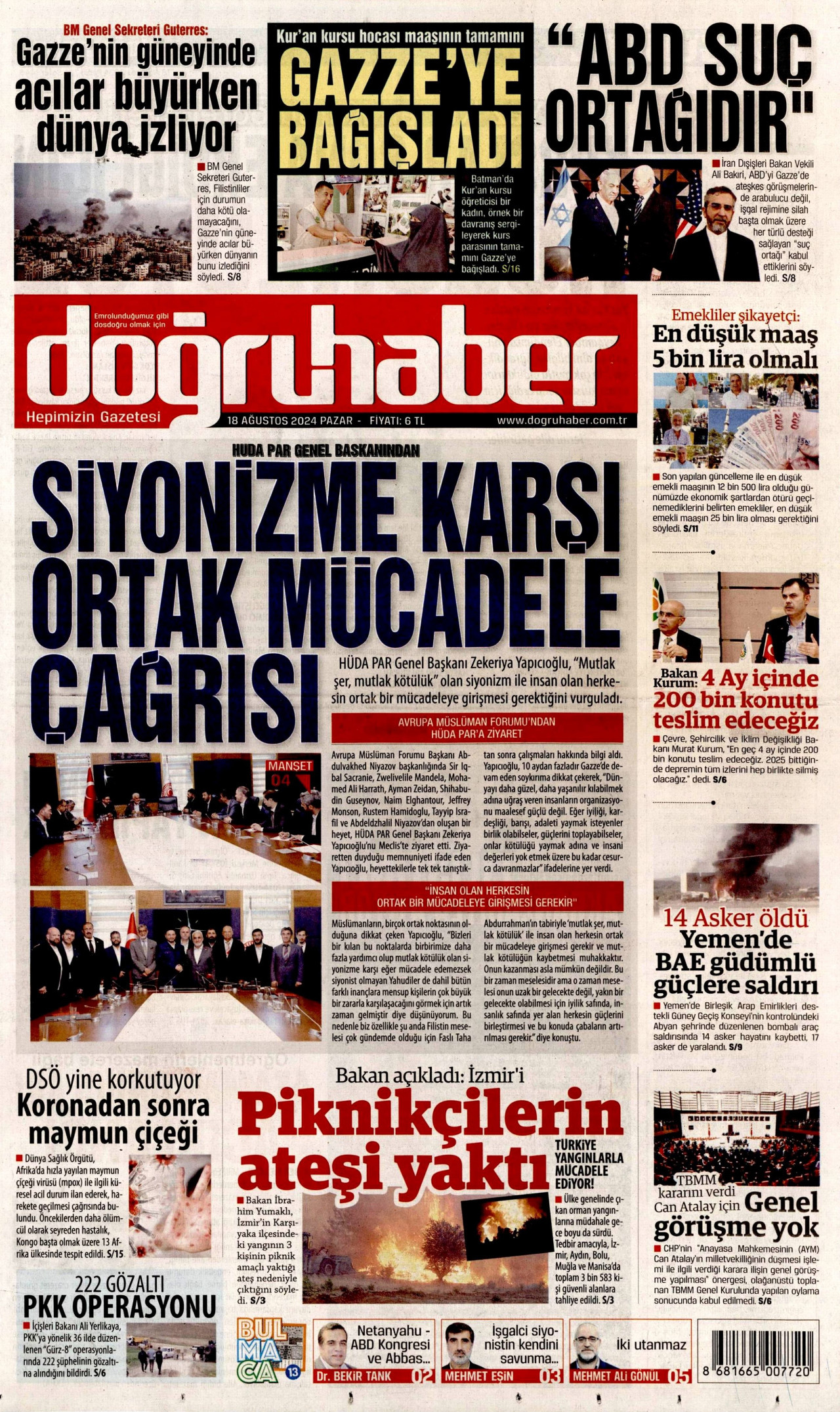DOĞRU HABER gazetesinin 18 Ağustos 2024 tarihli birinci sayfası