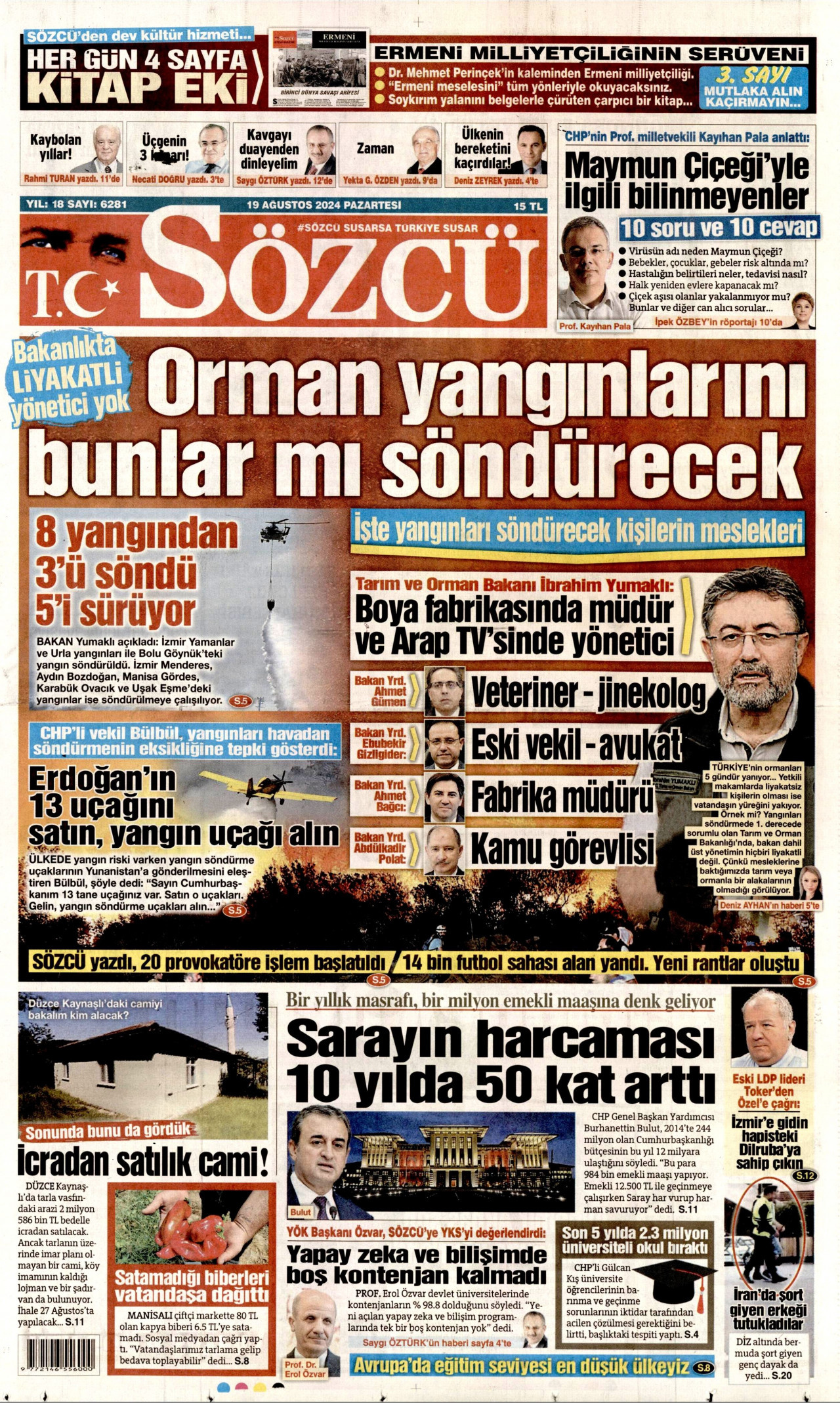 SÖZCÜ gazetesinin 19 Ağustos 2024 tarihli birinci sayfası