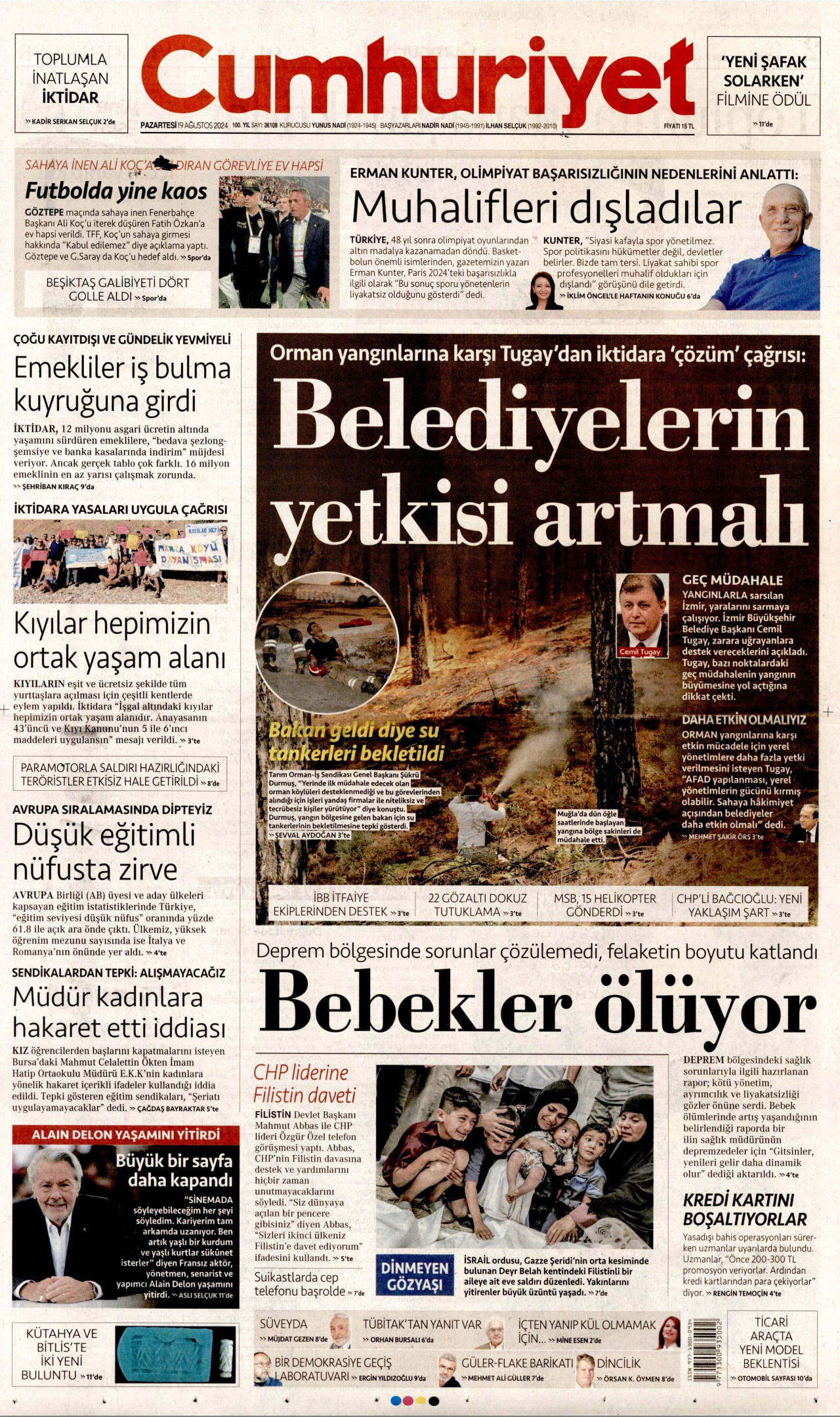 CUMHURİYET gazetesinin 19 Ağustos 2024 tarihli birinci sayfası