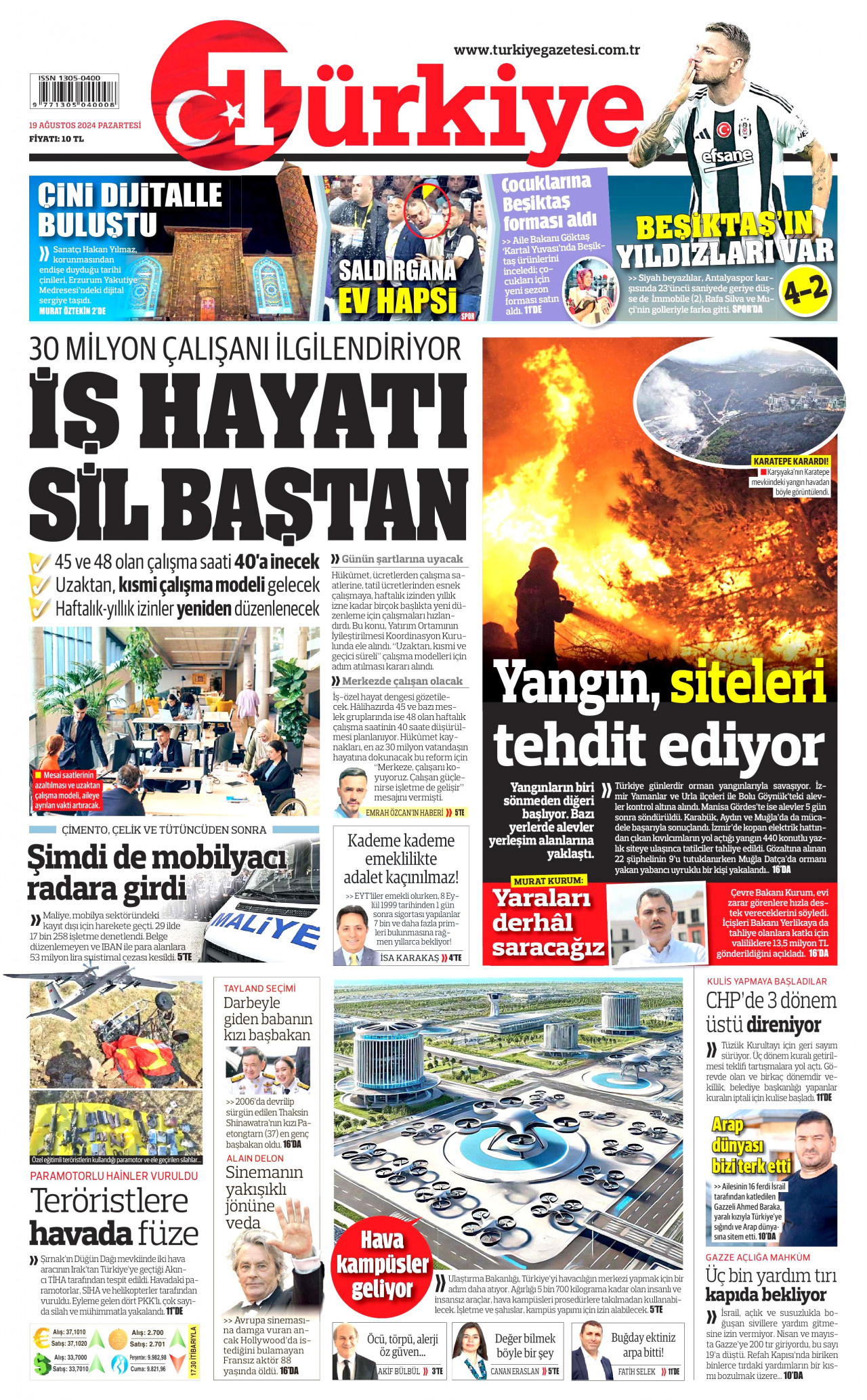 TÜRKİYE GAZETESİ gazetesinin 19 Ağustos 2024 tarihli birinci sayfası
