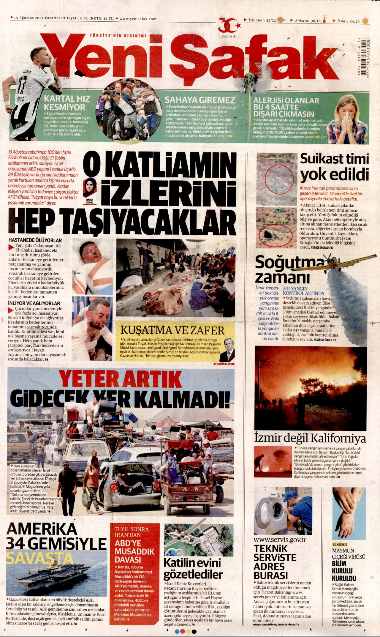 YENİ ŞAFAK gazetesinin 19 Ağustos 2024 tarihli birinci sayfası