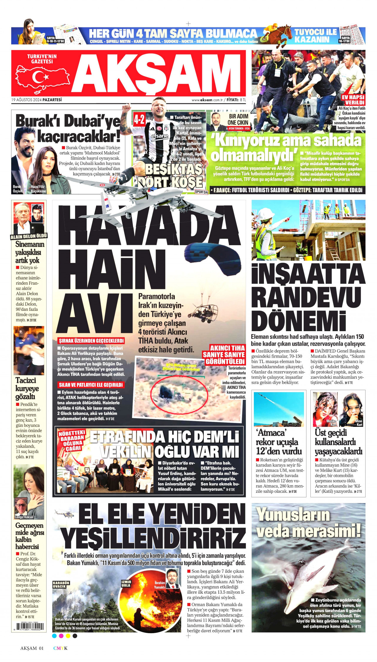 AKŞAM gazetesinin 19 Ağustos 2024 tarihli birinci sayfası