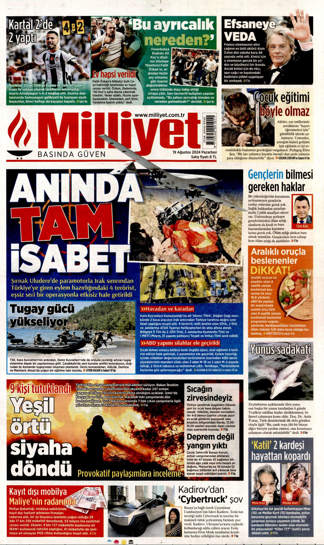 MİLLİYET gazetesinin 19 Ağustos 2024 tarihli birinci sayfası