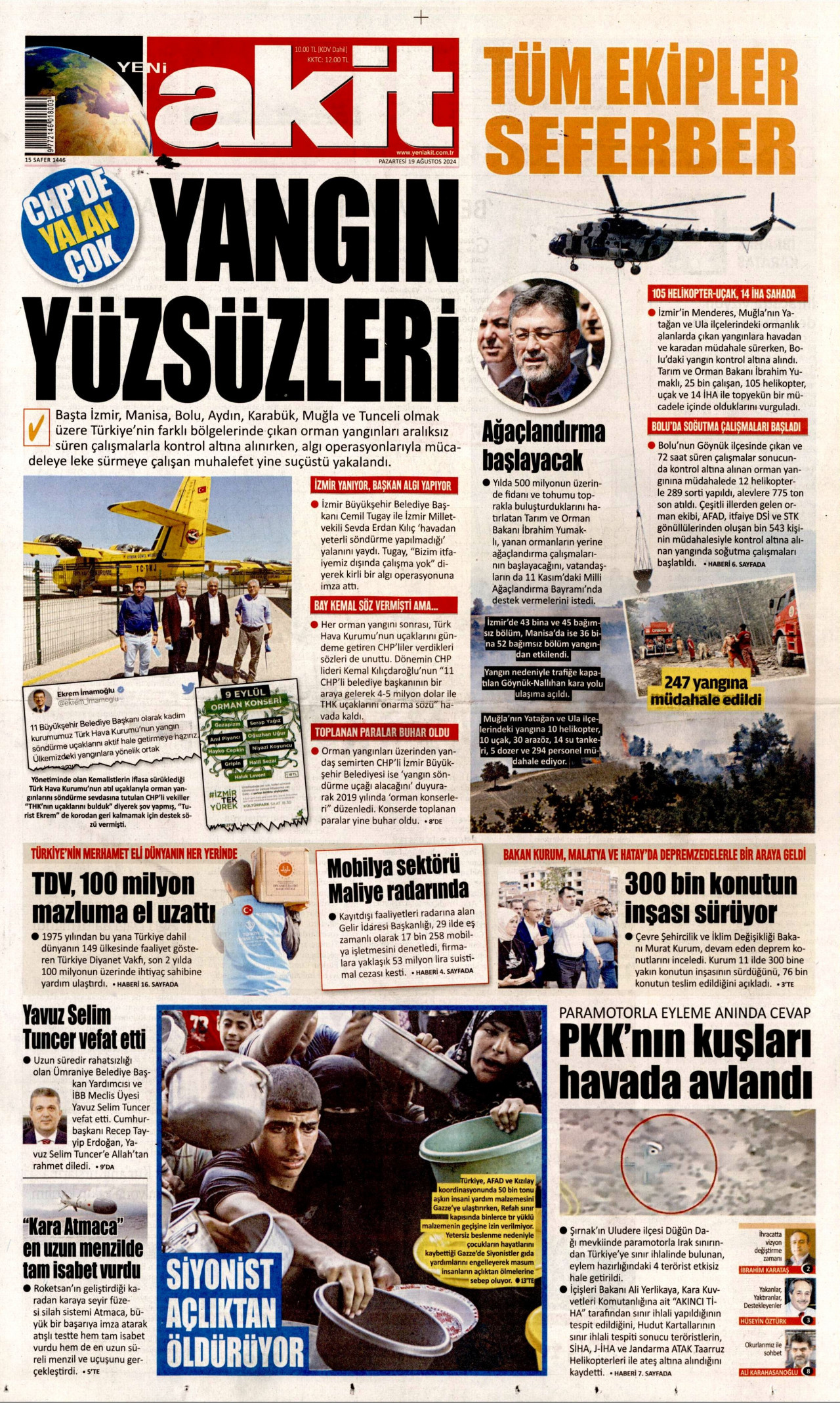 YENİ AKİT gazetesinin 19 Ağustos 2024 tarihli birinci sayfası