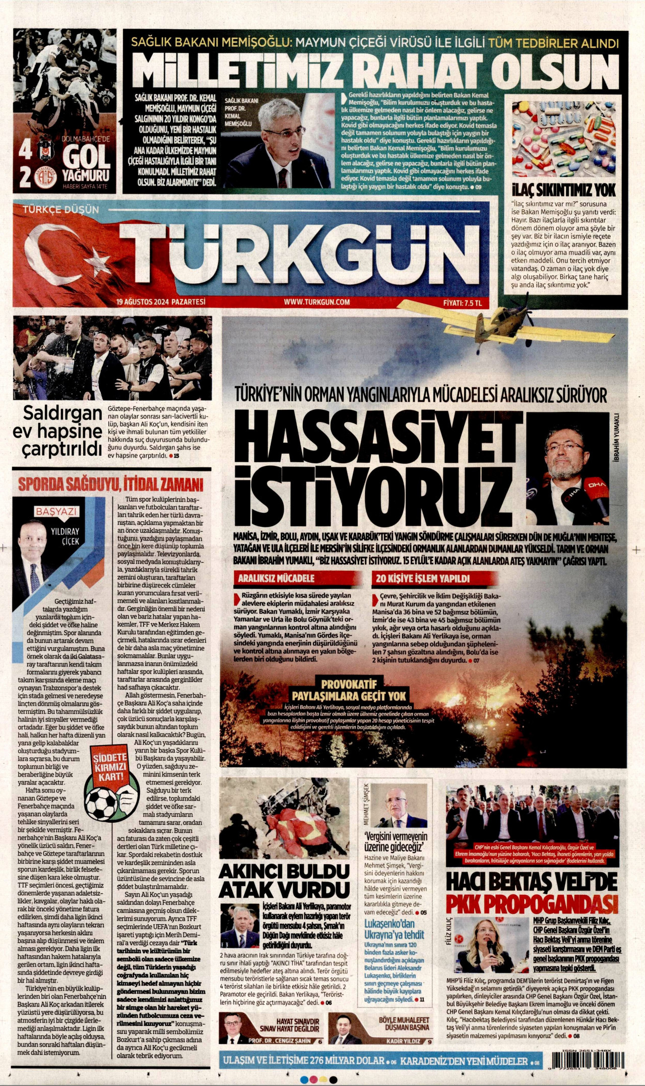 TÜRKGÜN gazetesinin 19 Ağustos 2024 tarihli birinci sayfası