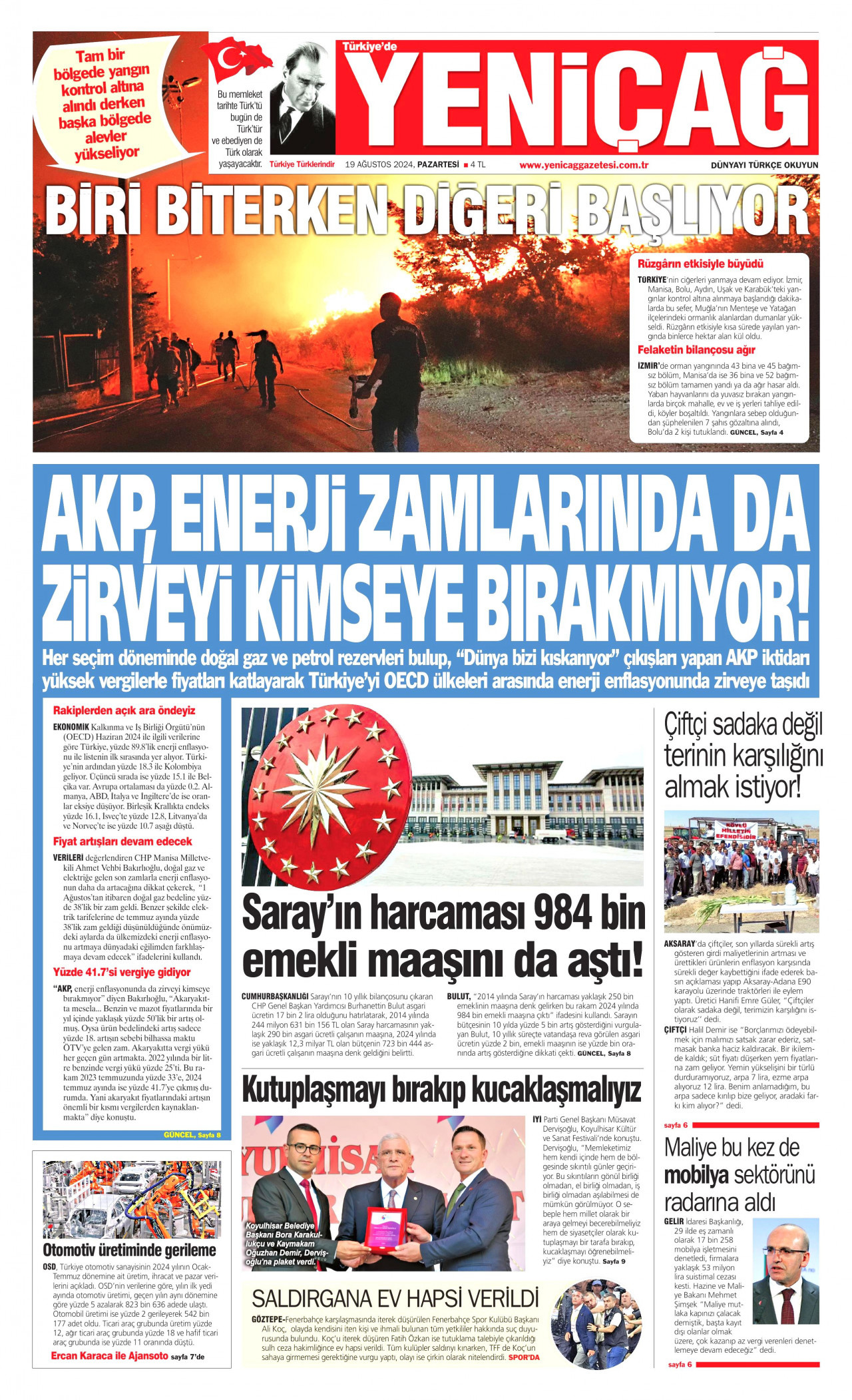 YENİÇAĞ gazetesinin 19 Ağustos 2024 tarihli birinci sayfası