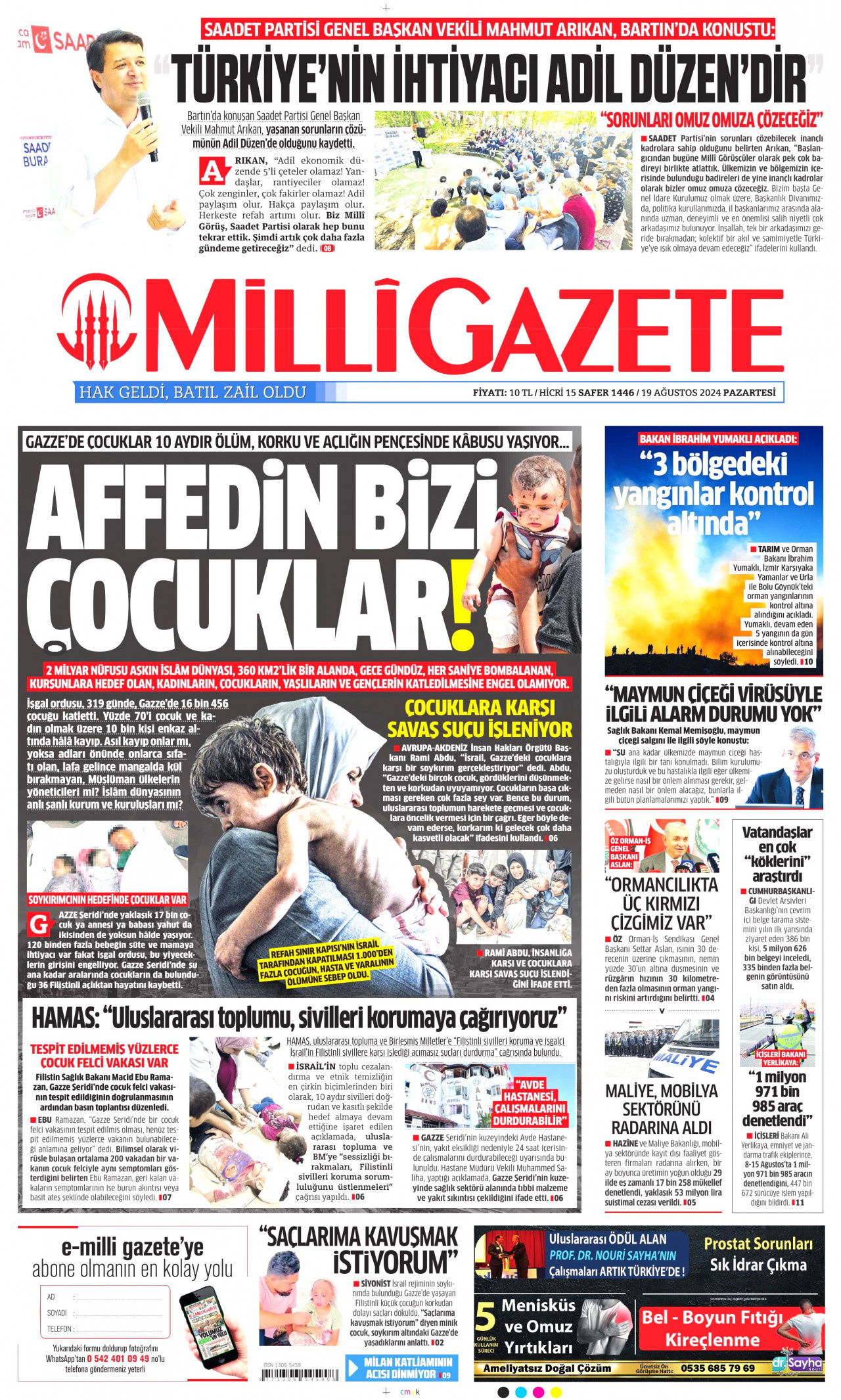 MİLLİ GAZETE gazetesinin 19 Ağustos 2024 tarihli birinci sayfası