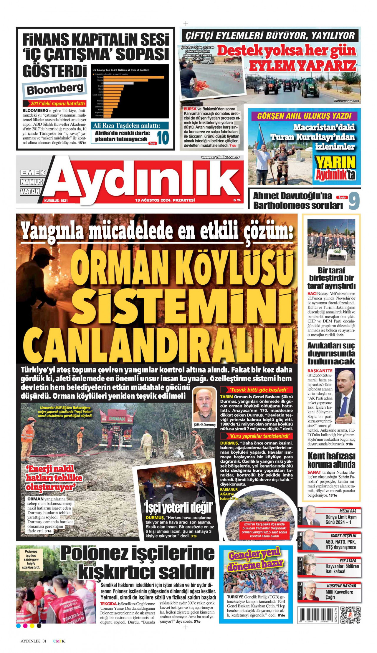 AYDINLIK GAZETESİ gazetesinin 19 Ağustos 2024 tarihli birinci sayfası