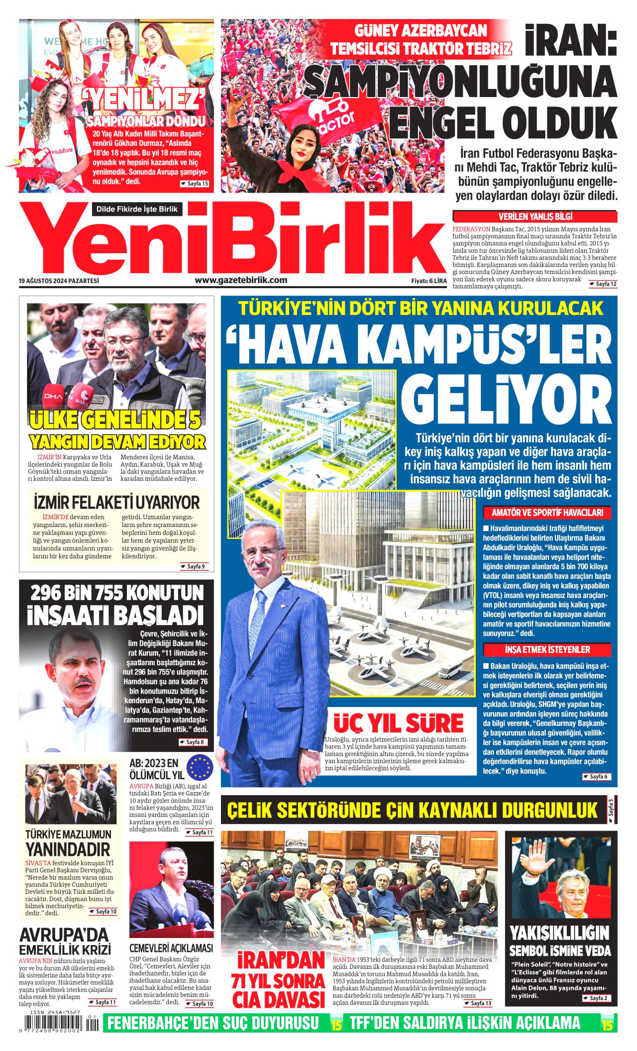 YENİBİRLİK gazetesinin 19 Ağustos 2024 tarihli birinci sayfası