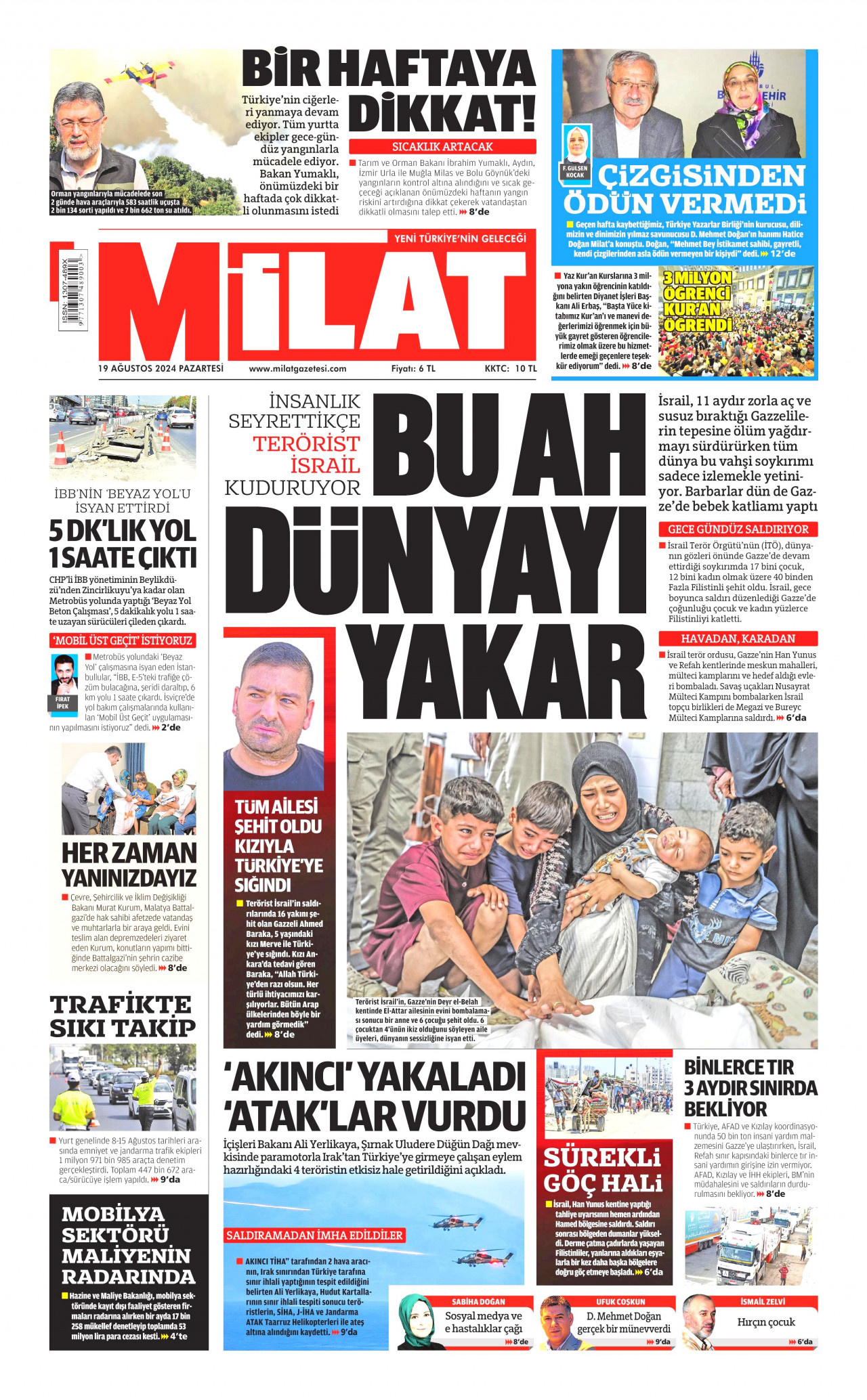 MİLAT gazetesinin 19 Ağustos 2024 tarihli birinci sayfası