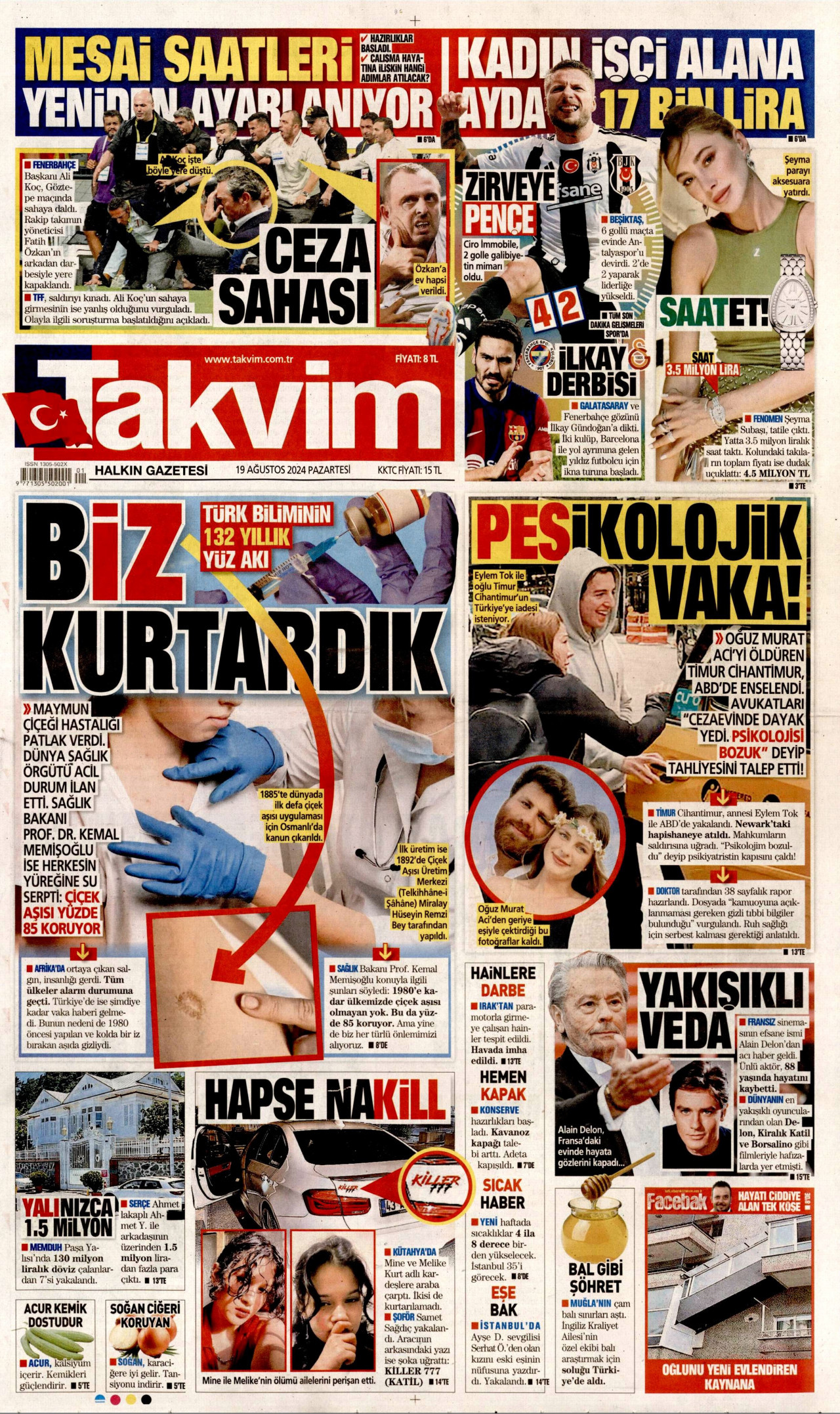 TAKVİM gazetesinin 19 Ağustos 2024 tarihli birinci sayfası