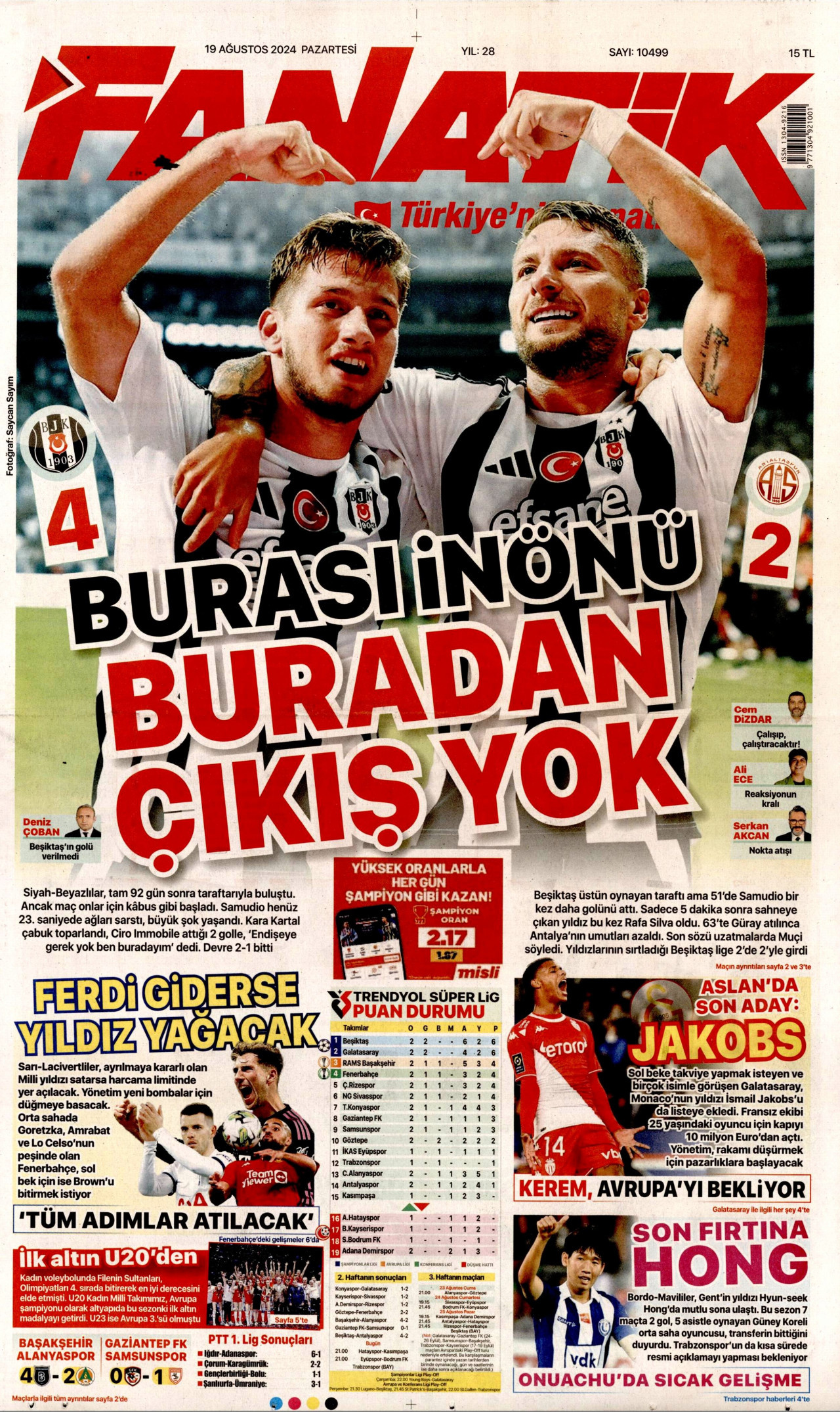 FANATİK gazetesinin 19 Ağustos 2024 tarihli birinci sayfası