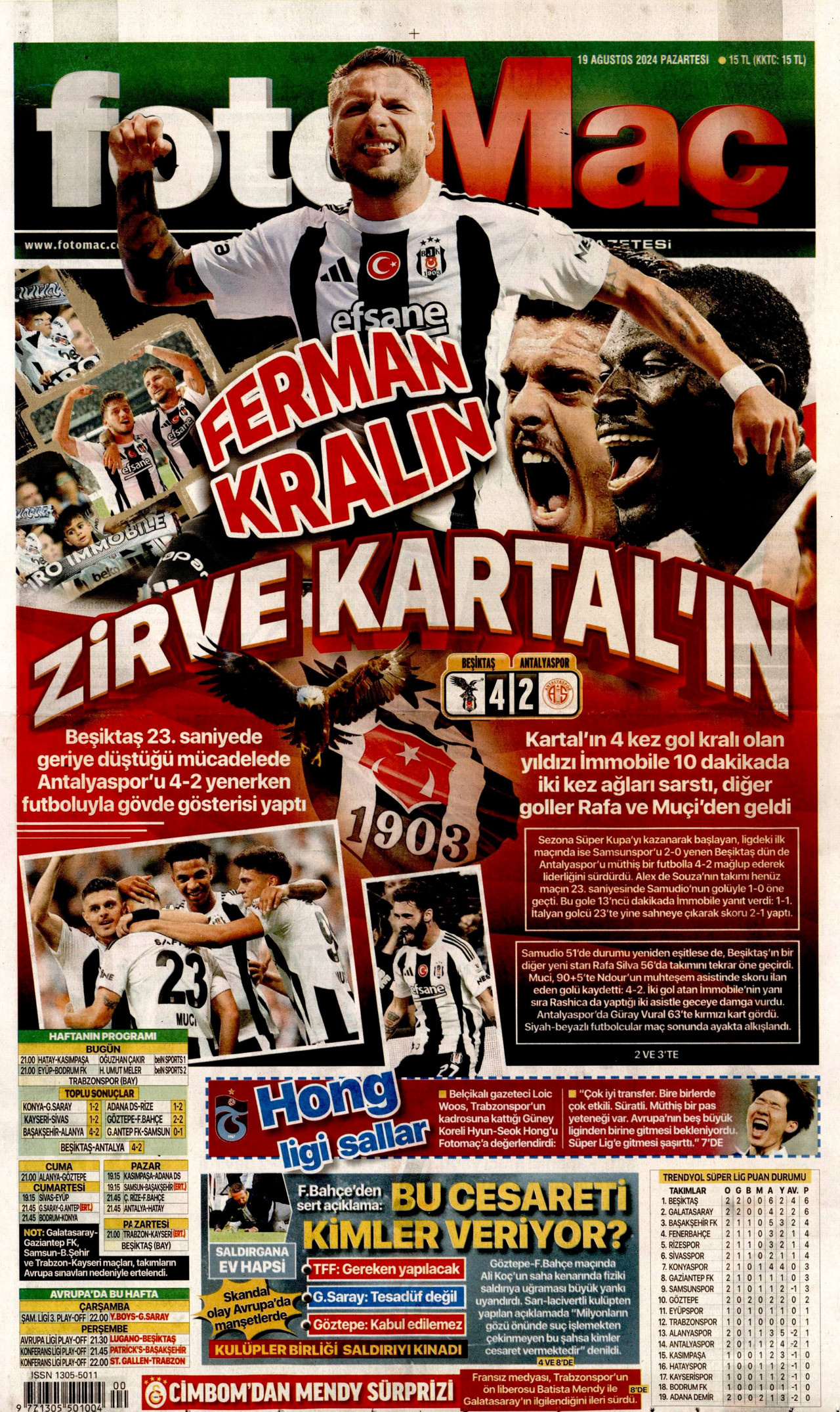 FOTOMAÇ gazetesinin 19 Ağustos 2024 tarihli birinci sayfası