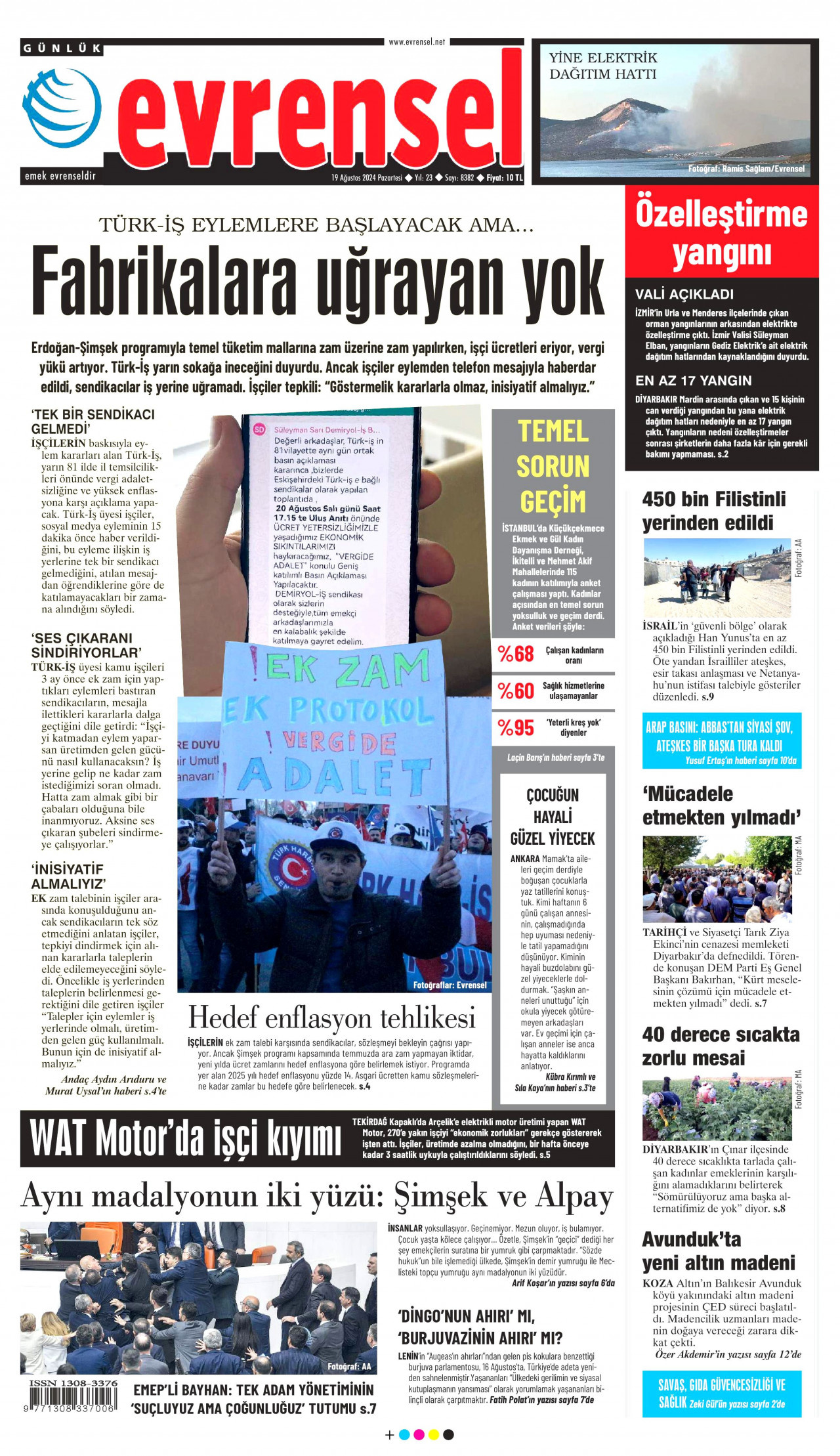 EVRENSEL gazetesinin 19 Ağustos 2024 tarihli birinci sayfası