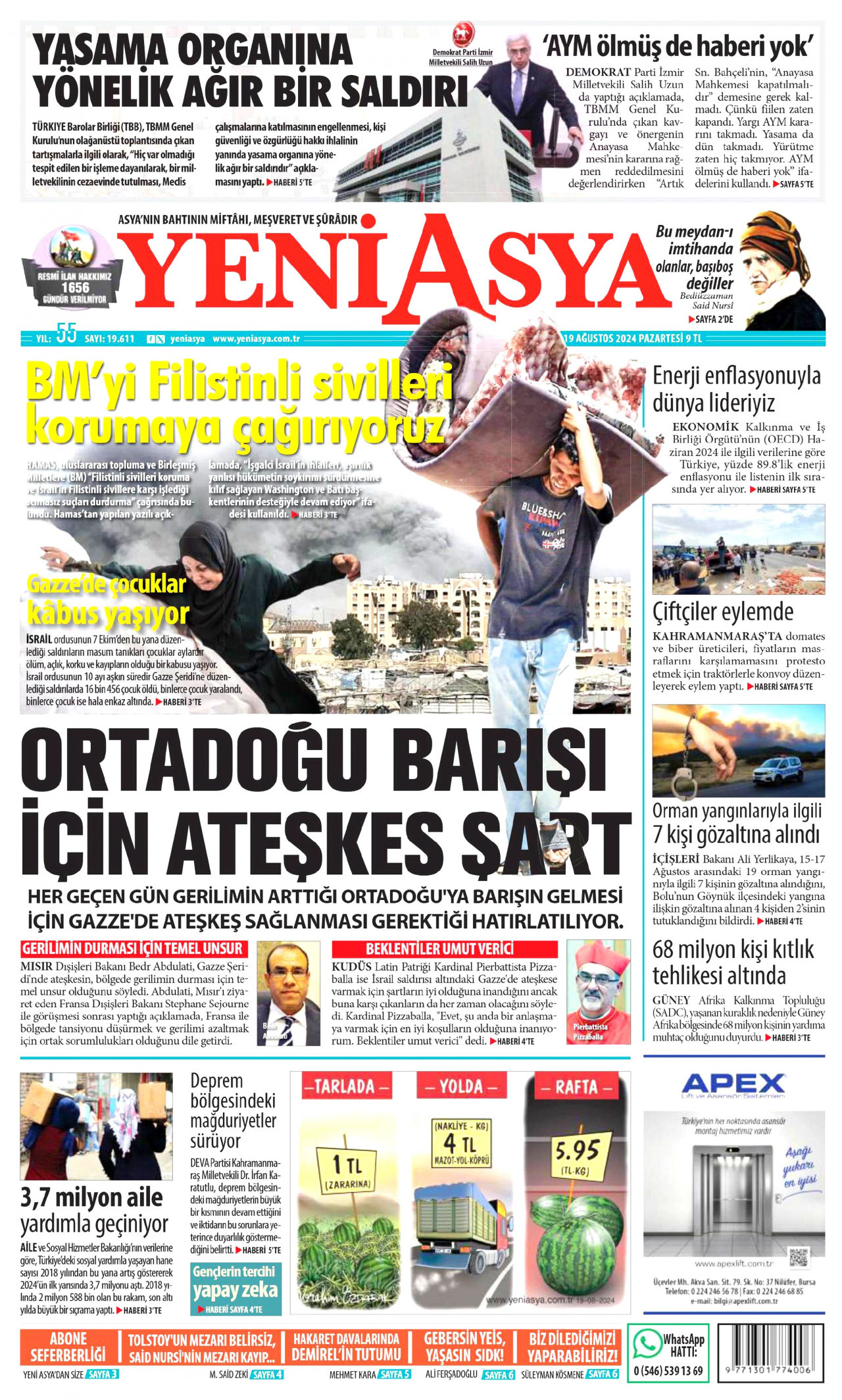 YENİ ASYA gazetesinin 19 Ağustos 2024 tarihli birinci sayfası