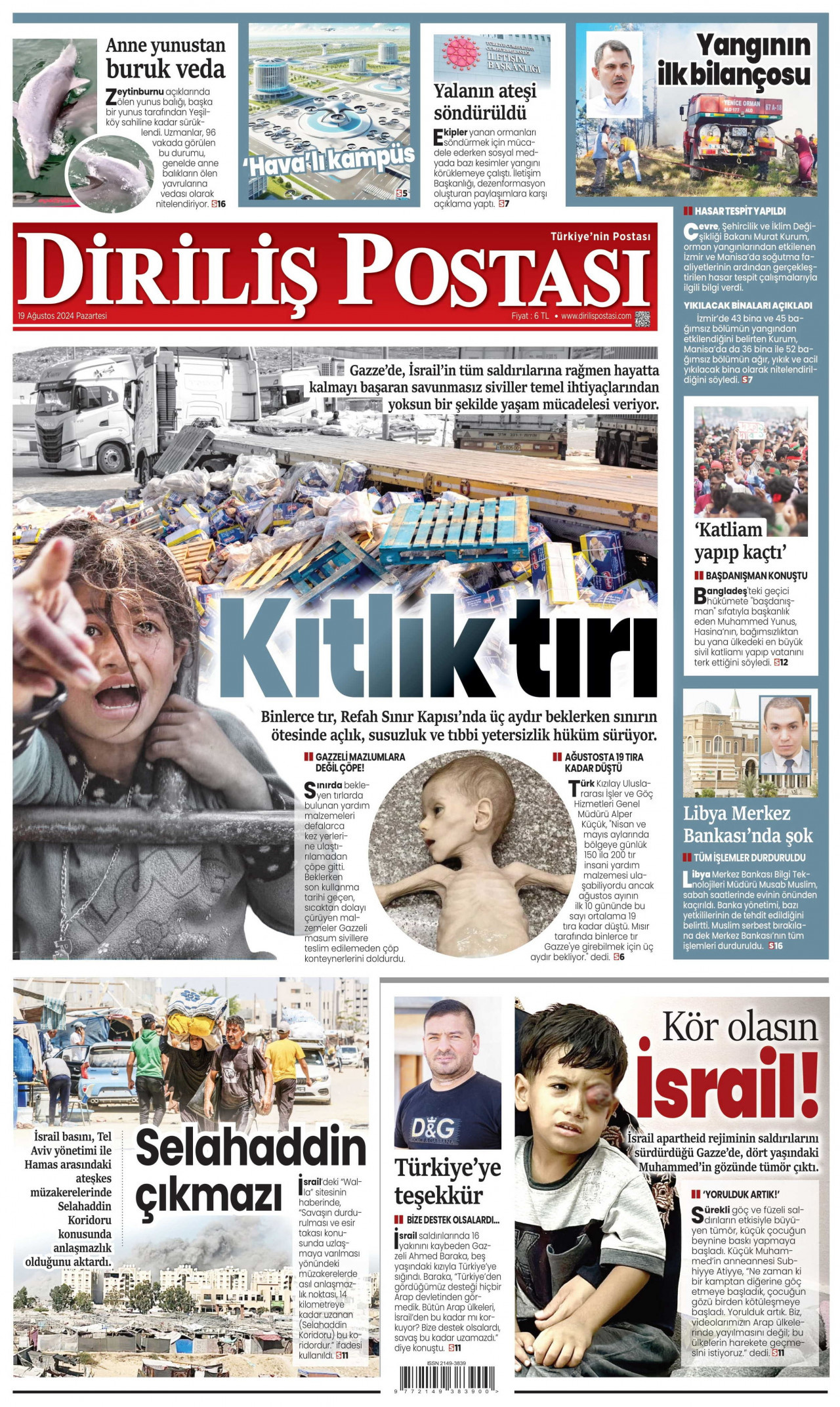 DİRİLİŞ POSTASI gazetesinin 19 Ağustos 2024 tarihli birinci sayfası