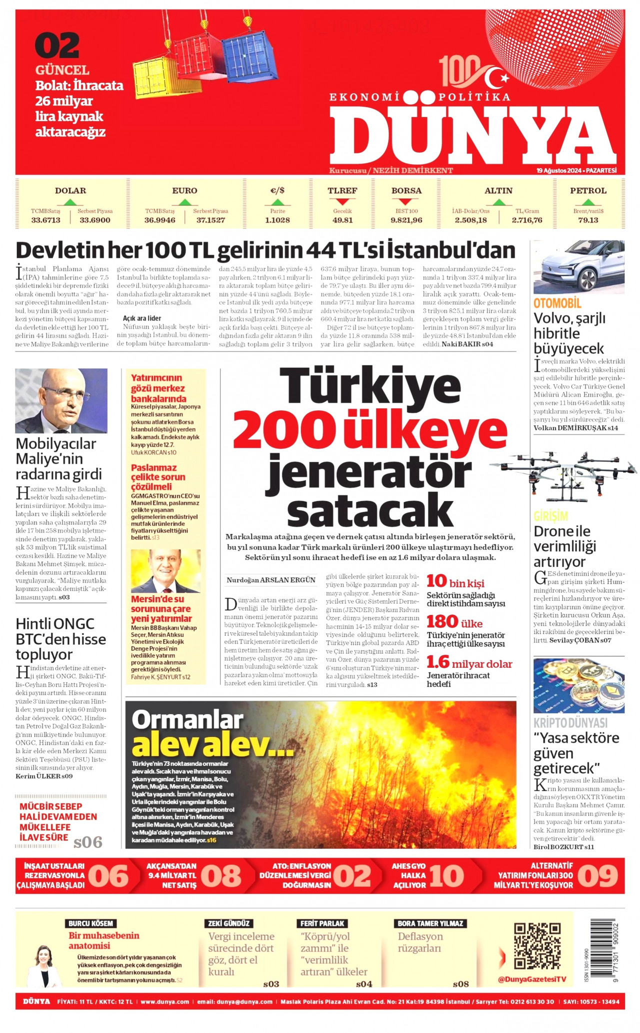 DÜNYA gazetesinin 19 Ağustos 2024 tarihli birinci sayfası