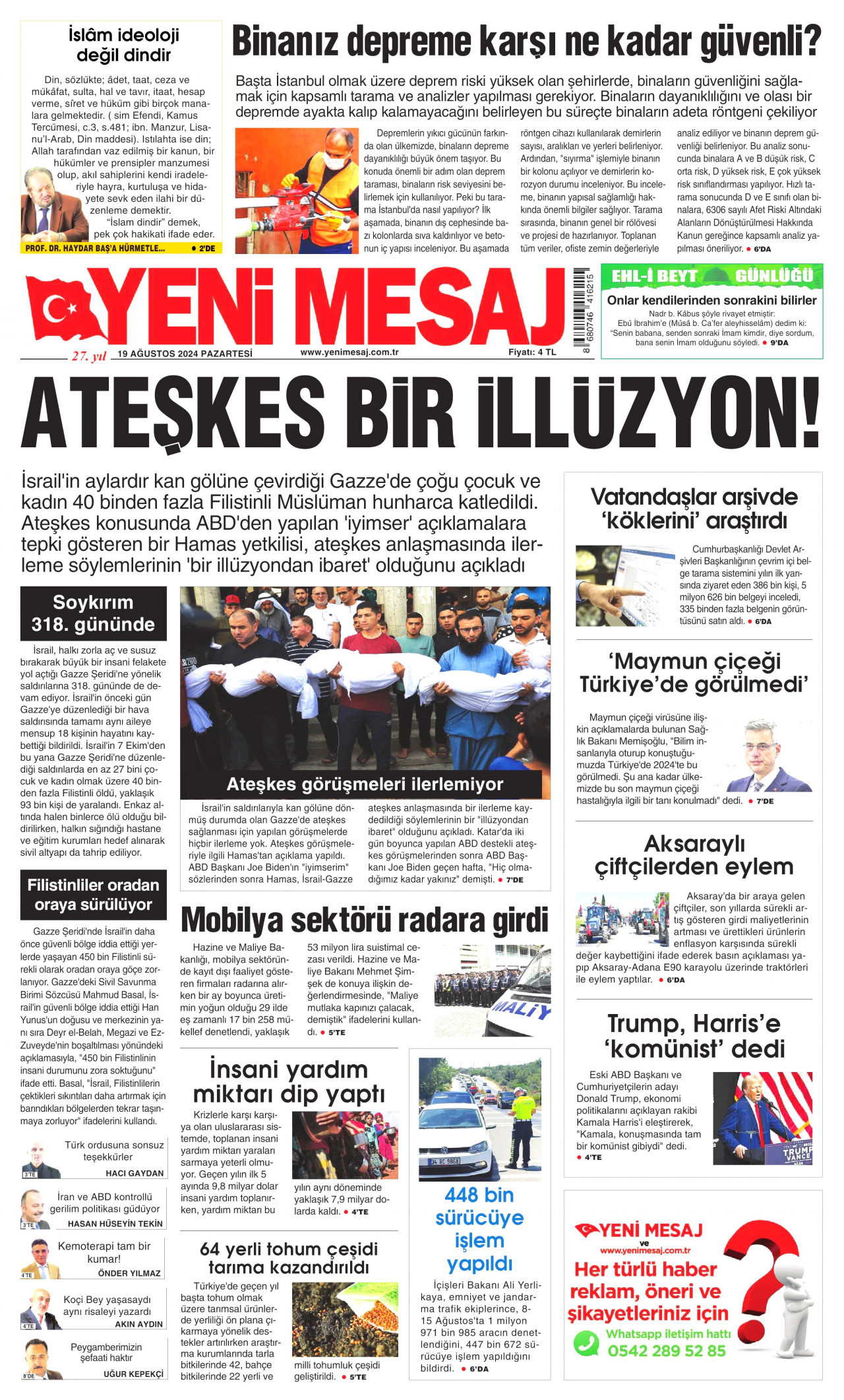 YENİ MESAJ gazetesinin 19 Ağustos 2024 tarihli birinci sayfası