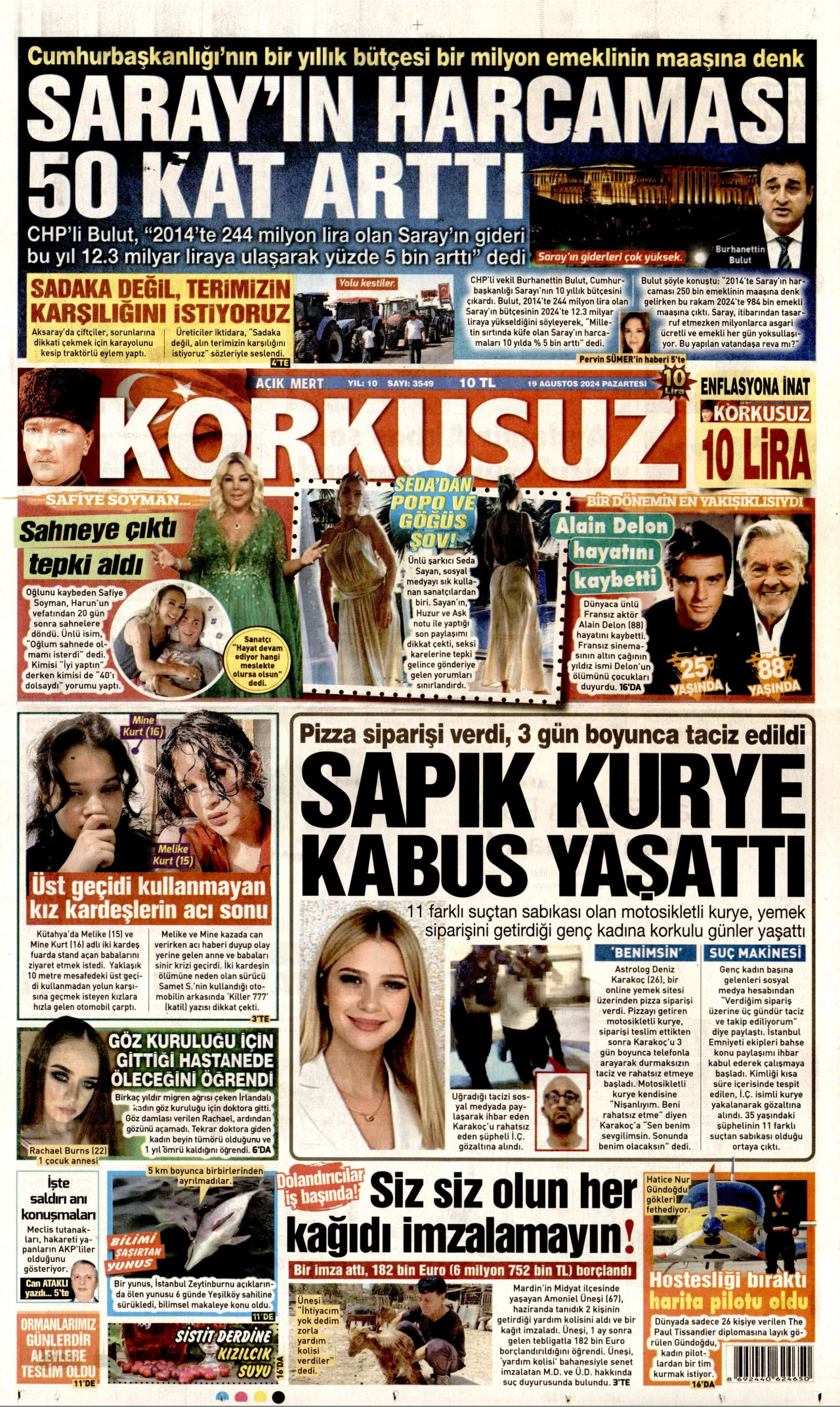 KORKUSUZ gazetesinin 19 Ağustos 2024 tarihli birinci sayfası