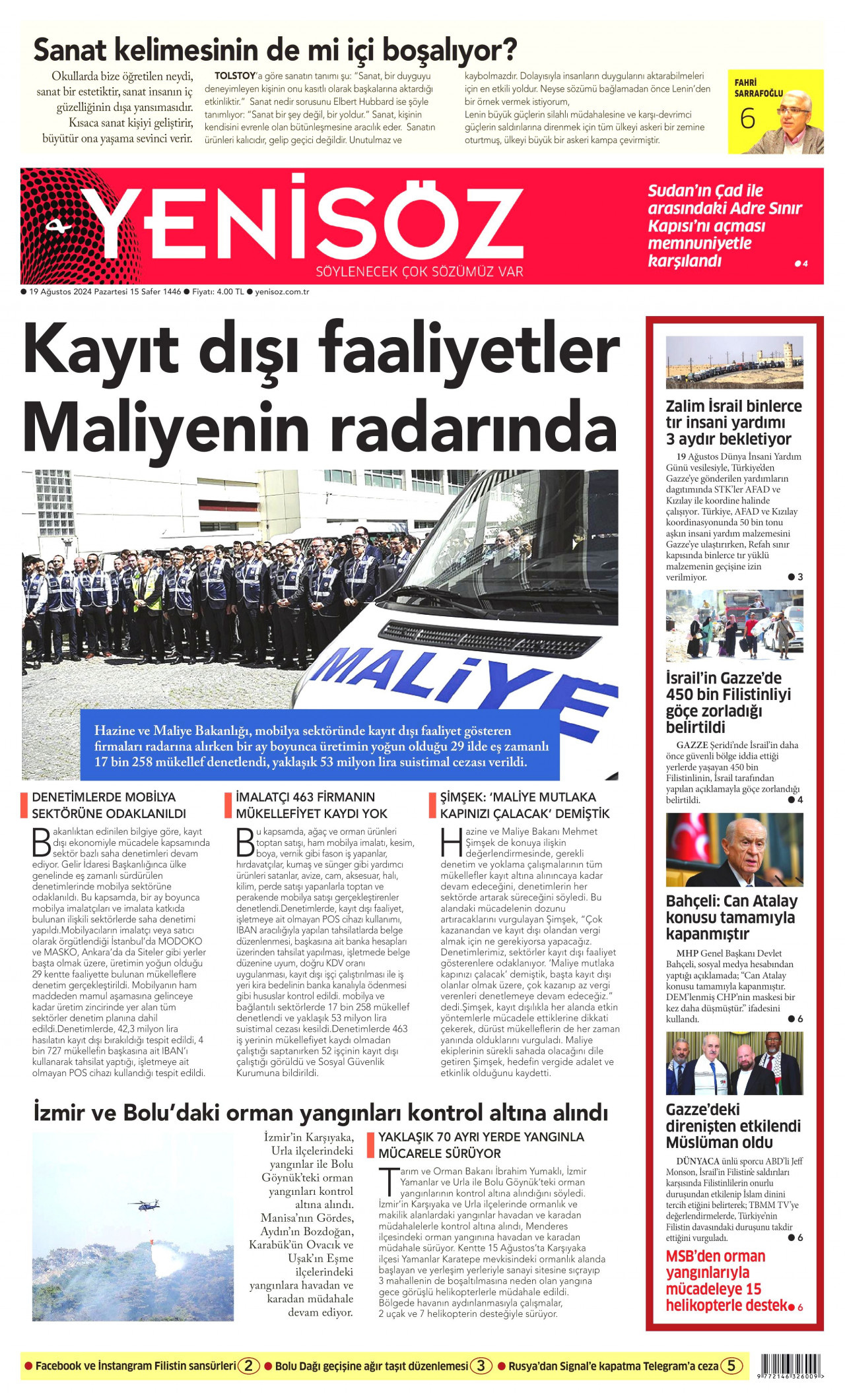 YENİ SÖZ GAZETESİ gazetesinin 19 Ağustos 2024 tarihli birinci sayfası