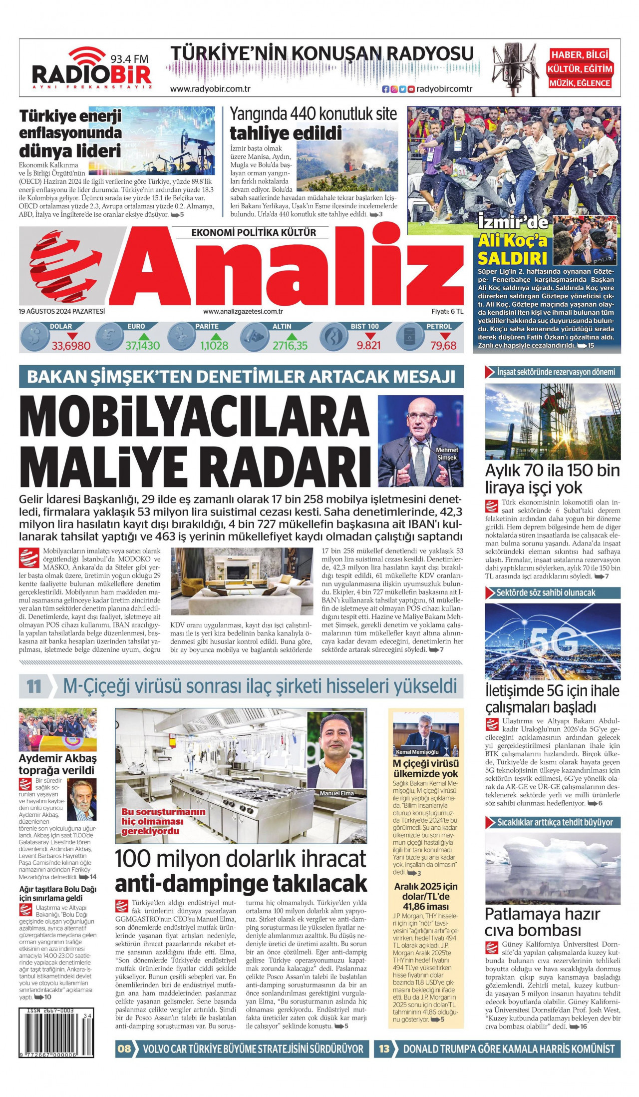 ANALİZ gazetesinin 19 Ağustos 2024 tarihli birinci sayfası