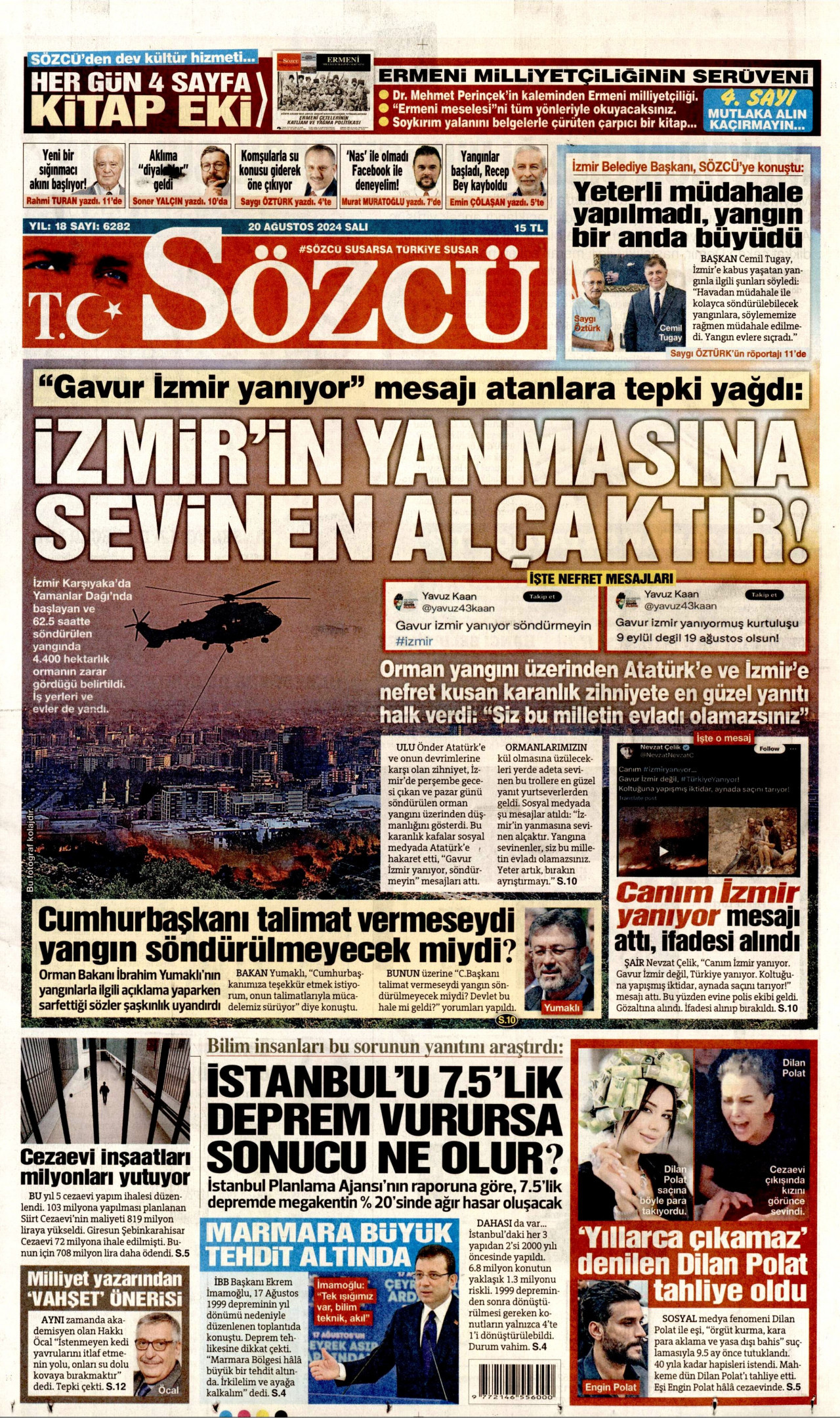 SÖZCÜ gazetesinin 20 Ağustos 2024 tarihli birinci sayfası