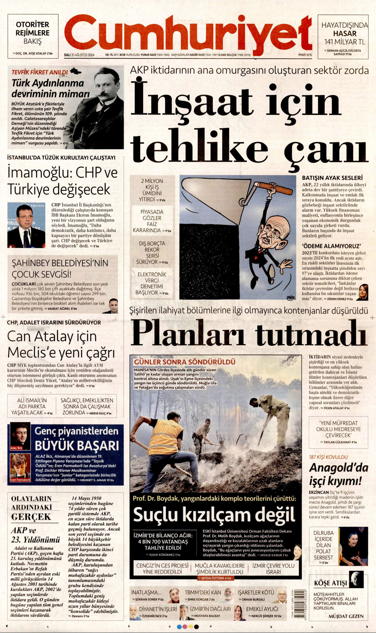CUMHURİYET gazetesinin 20 Ağustos 2024 tarihli birinci sayfası
