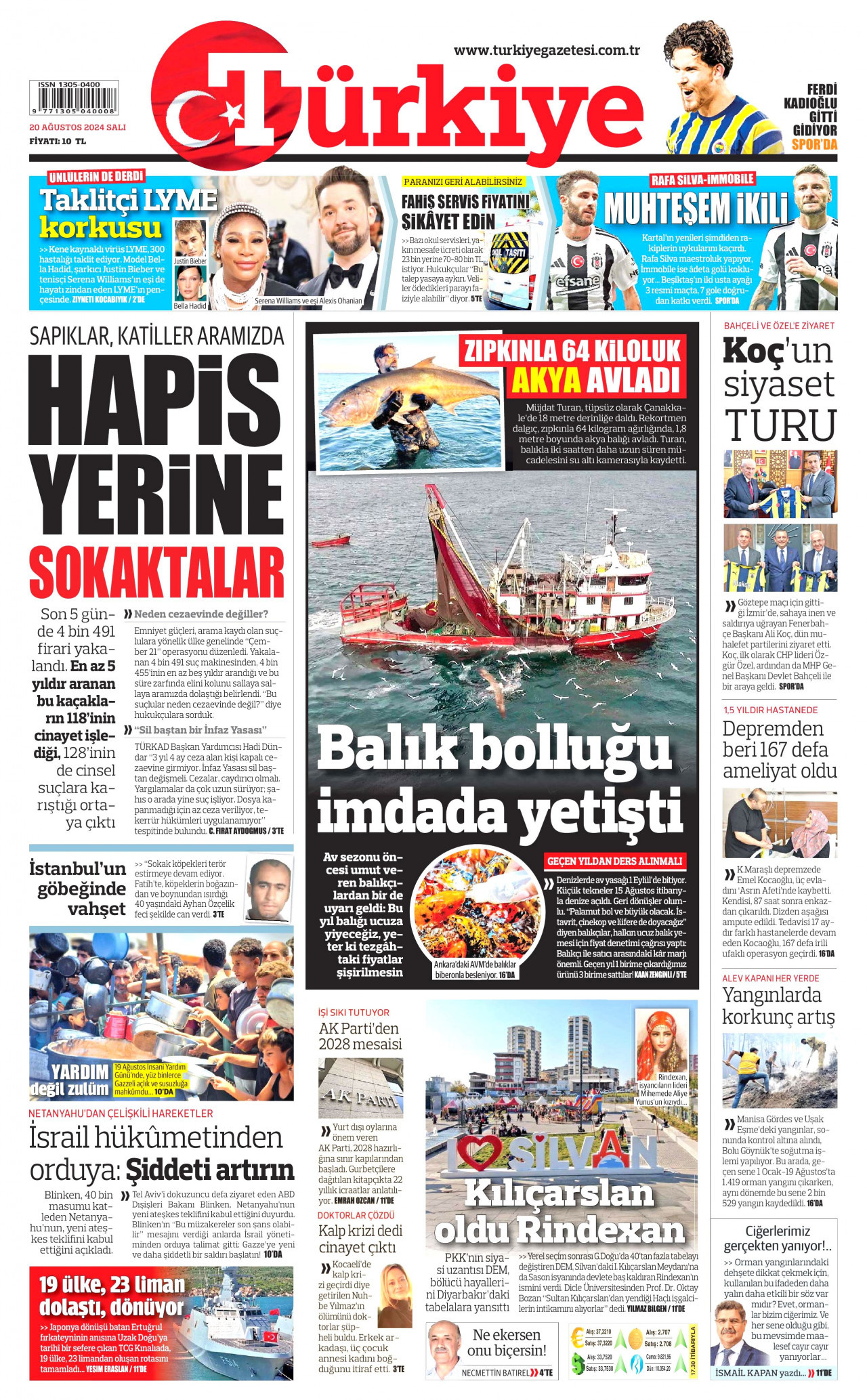 TÜRKİYE GAZETESİ gazetesinin 20 Ağustos 2024 tarihli birinci sayfası