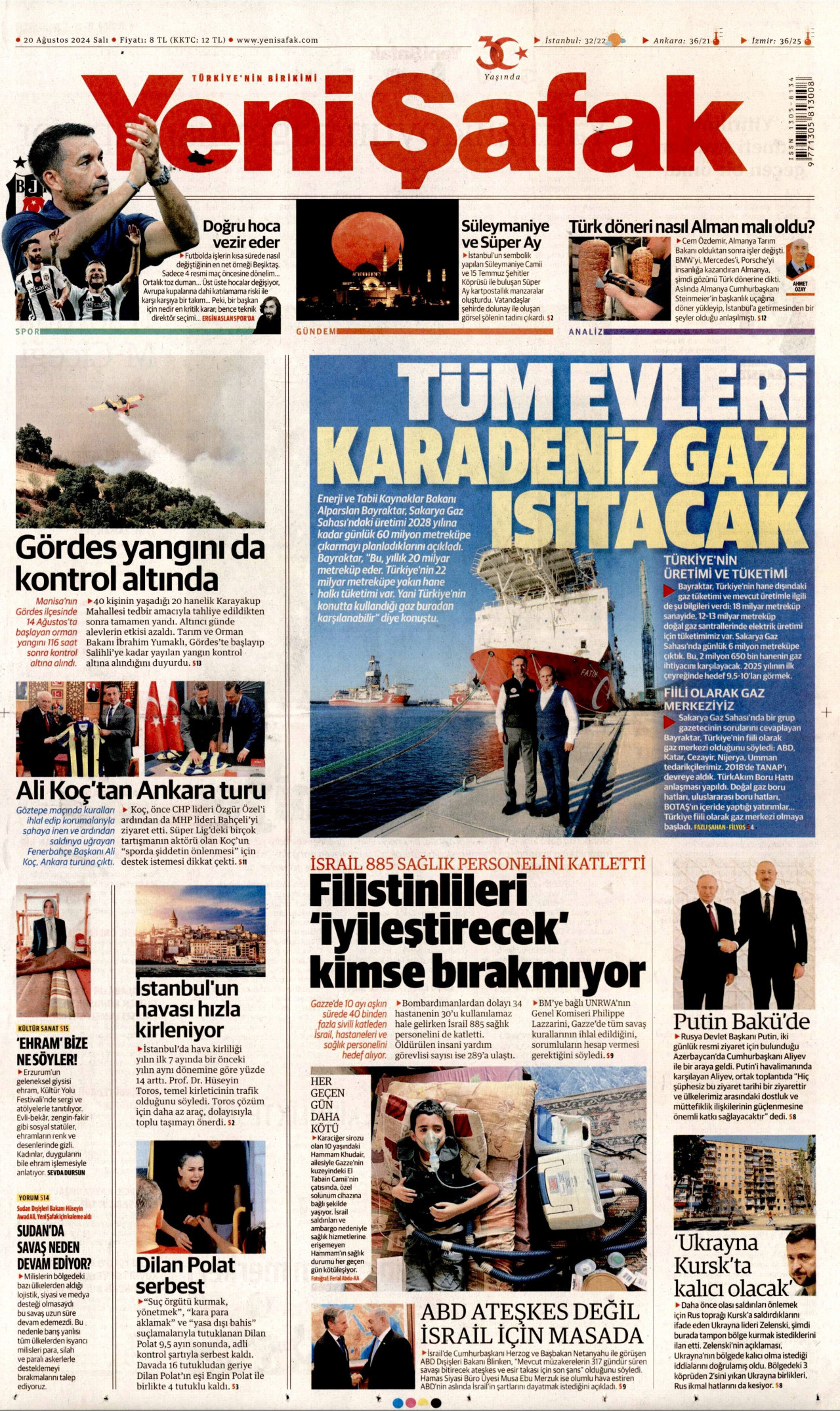 YENİ ŞAFAK gazetesinin 20 Ağustos 2024 tarihli birinci sayfası