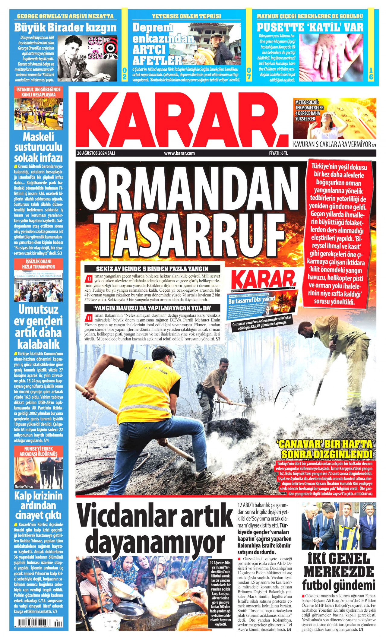 KARAR gazetesinin 20 Ağustos 2024 tarihli birinci sayfası