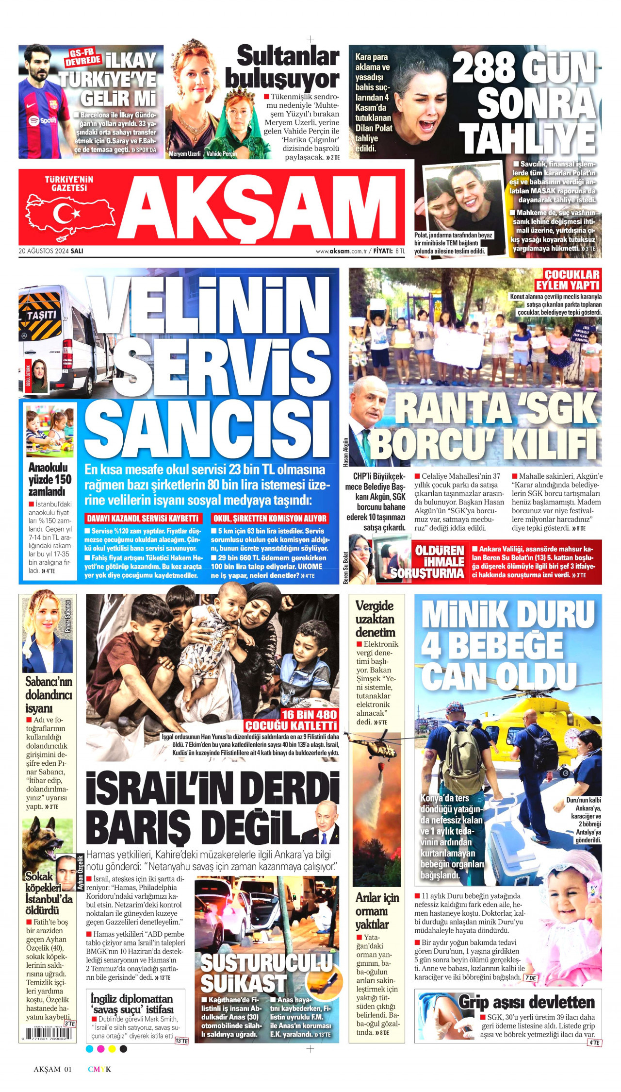 AKŞAM gazetesinin 20 Ağustos 2024 tarihli birinci sayfası