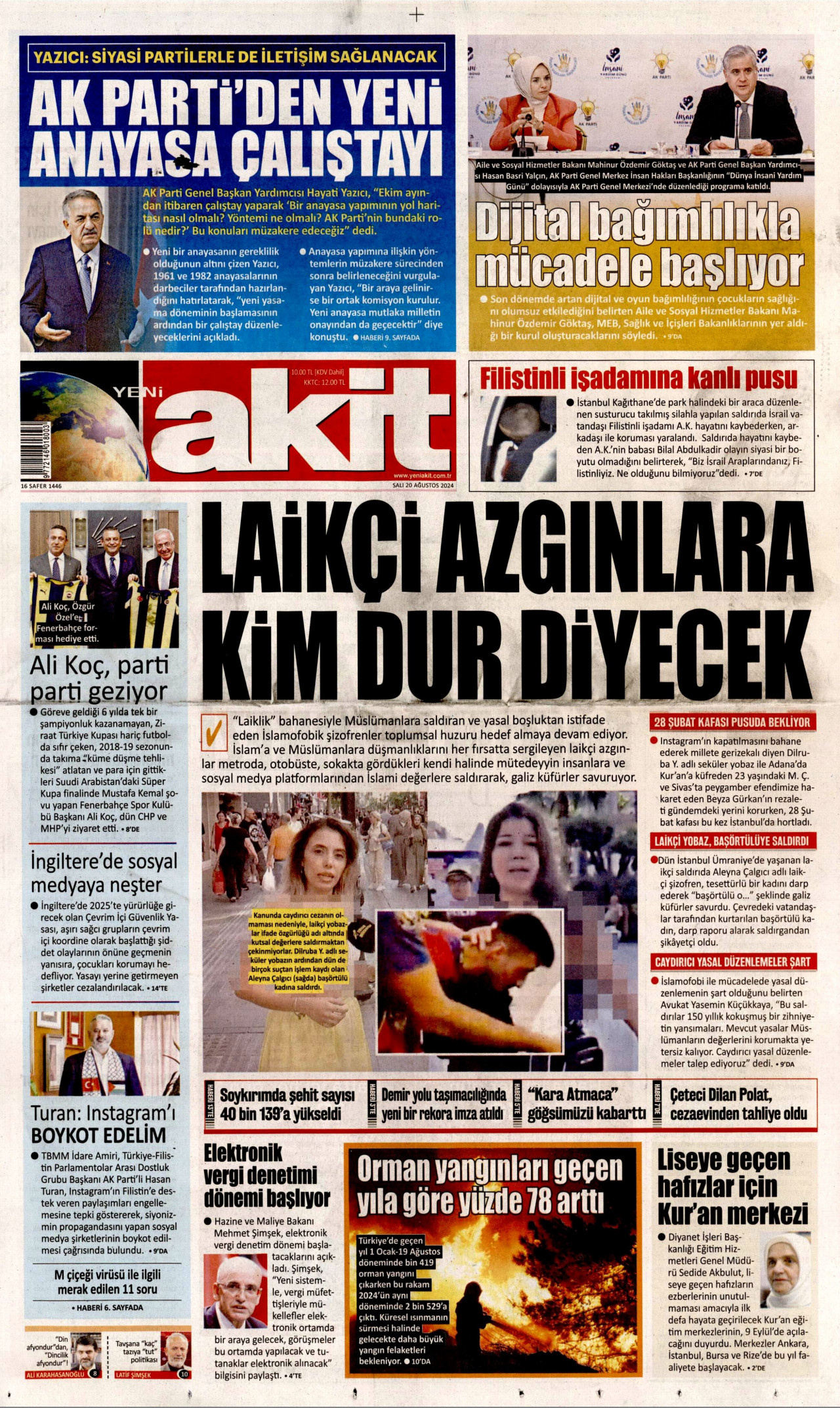 YENİ AKİT gazetesinin 20 Ağustos 2024 tarihli birinci sayfası