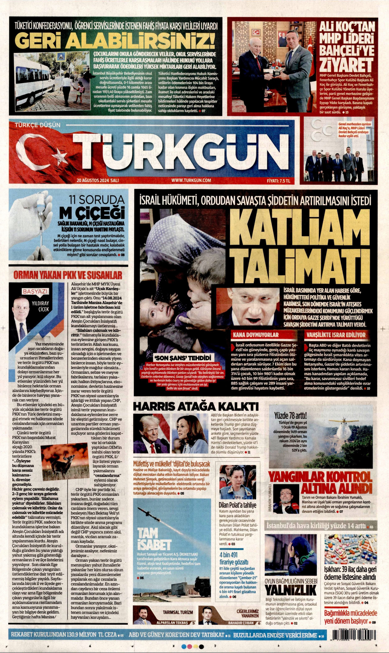 TÜRKGÜN gazetesinin 20 Ağustos 2024 tarihli birinci sayfası