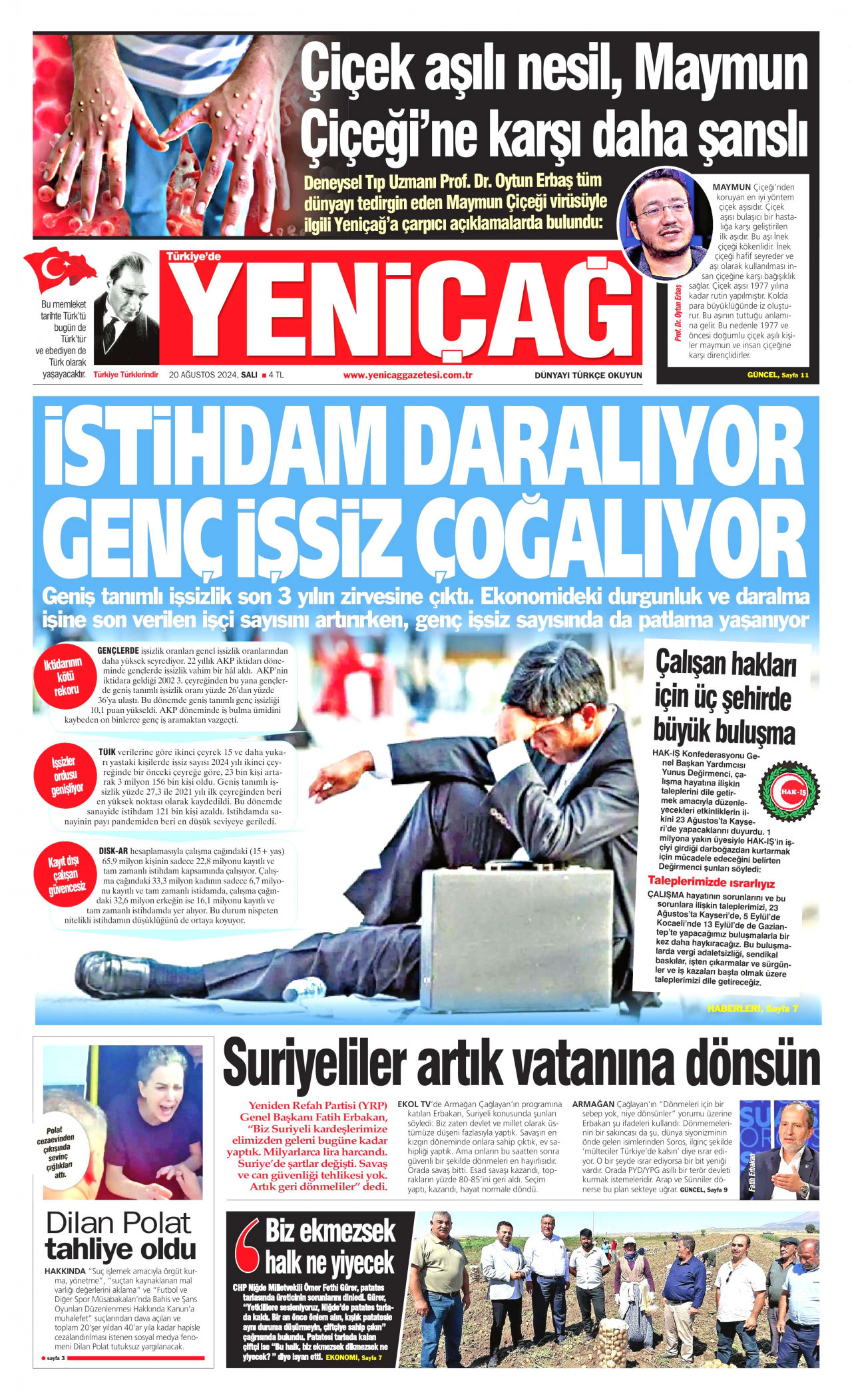 YENİÇAĞ gazetesinin 20 Ağustos 2024 tarihli birinci sayfası