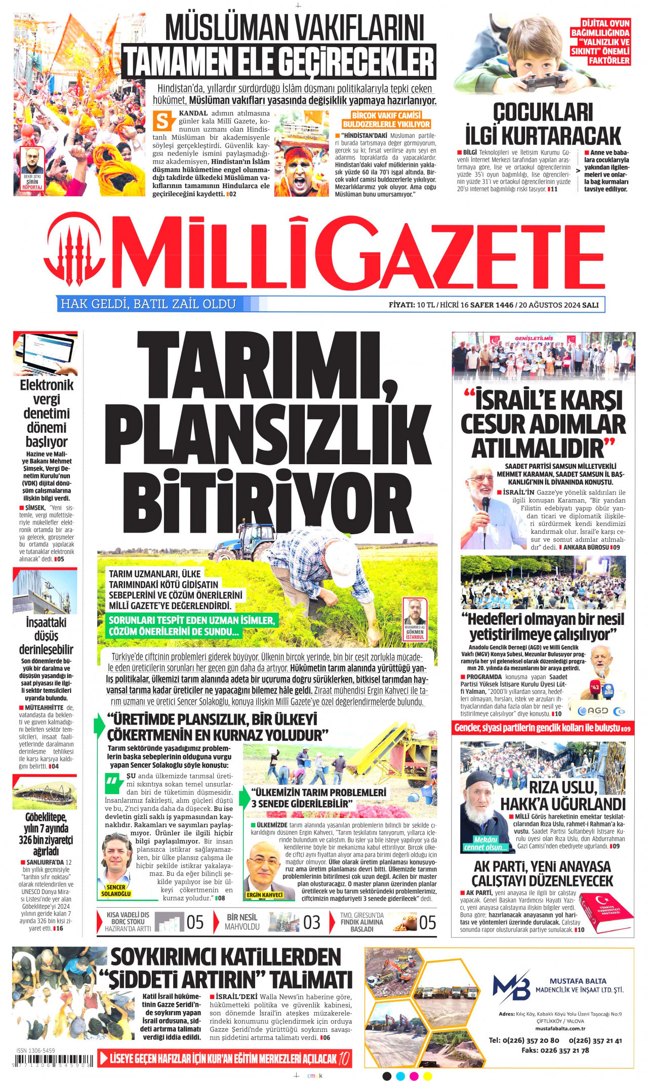 MİLLİ GAZETE gazetesinin 20 Ağustos 2024 tarihli birinci sayfası