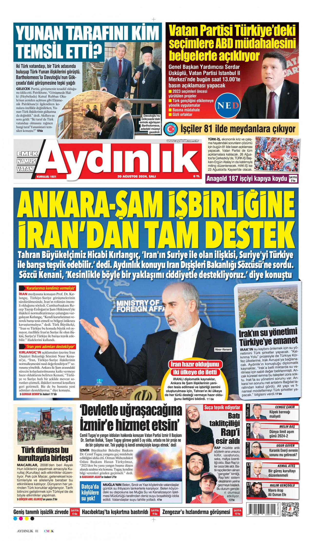 AYDINLIK GAZETESİ gazetesinin 20 Ağustos 2024 tarihli birinci sayfası