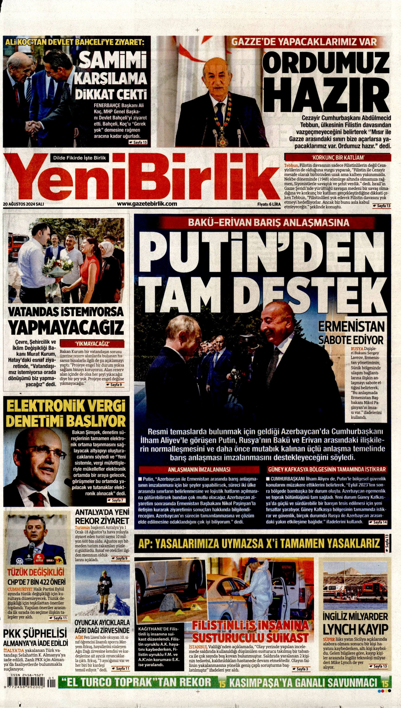 YENİBİRLİK gazetesinin 20 Ağustos 2024 tarihli birinci sayfası