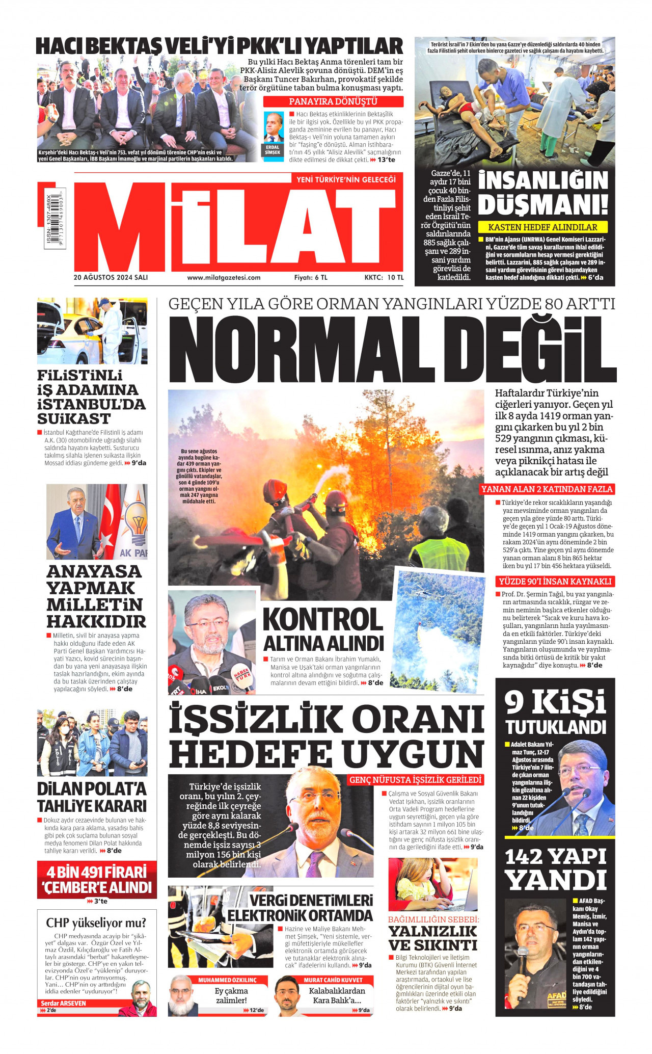 MİLAT gazetesinin 20 Ağustos 2024 tarihli birinci sayfası