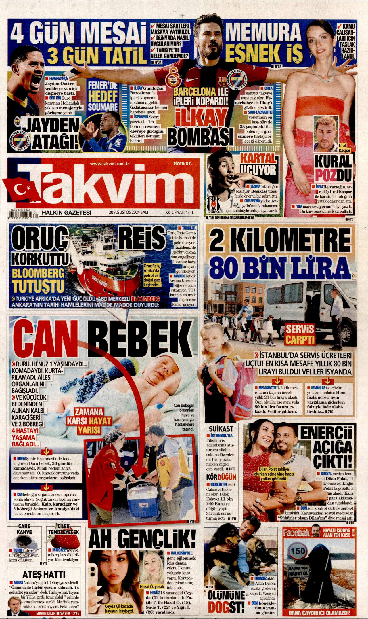 TAKVİM gazetesinin 20 Ağustos 2024 tarihli birinci sayfası