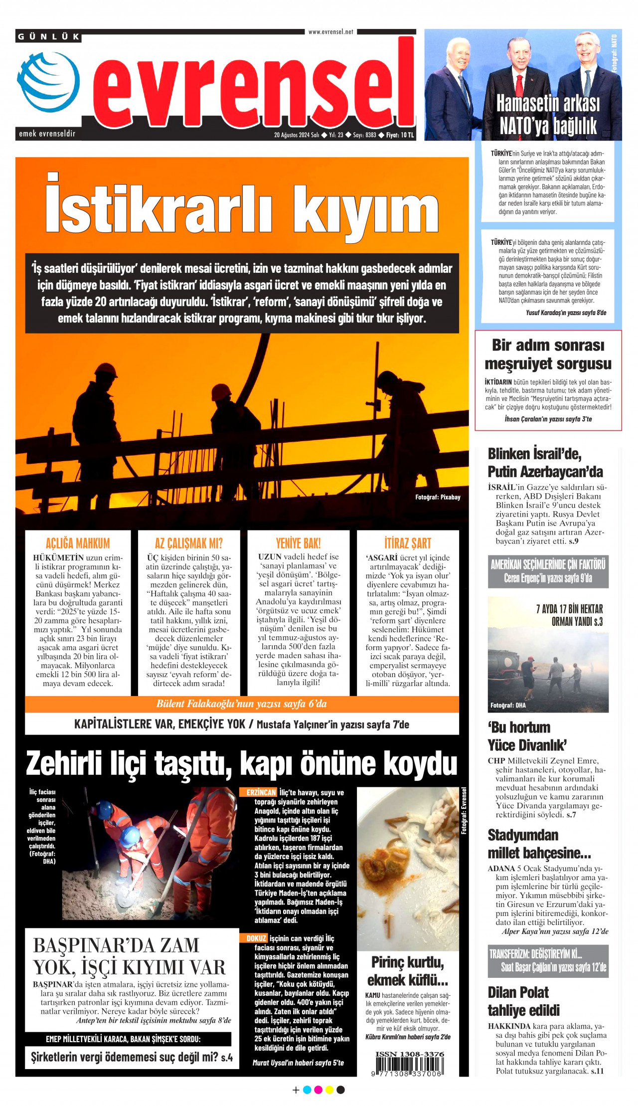 EVRENSEL gazetesinin 20 Ağustos 2024 tarihli birinci sayfası