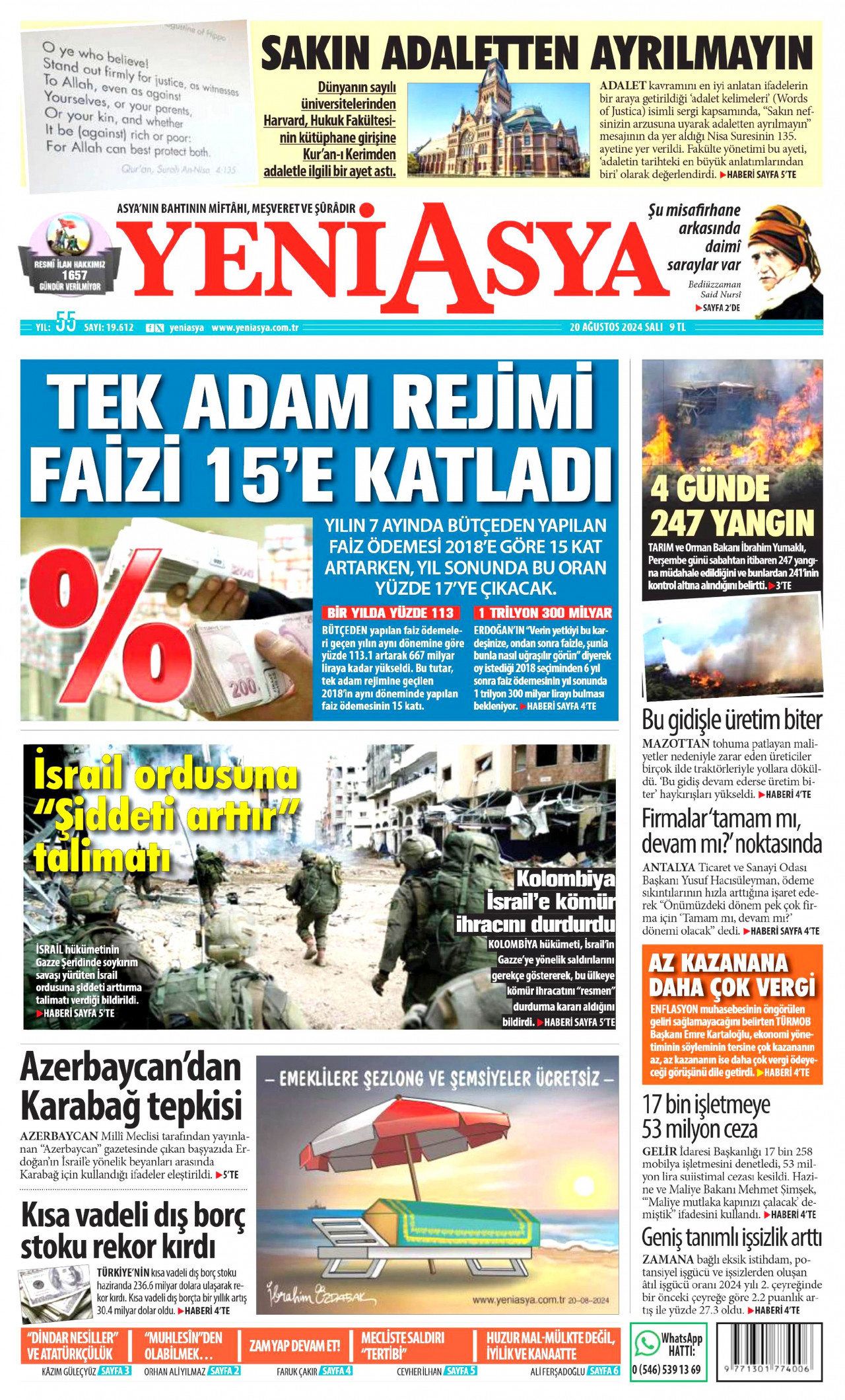YENİ ASYA gazetesinin 20 Ağustos 2024 tarihli birinci sayfası