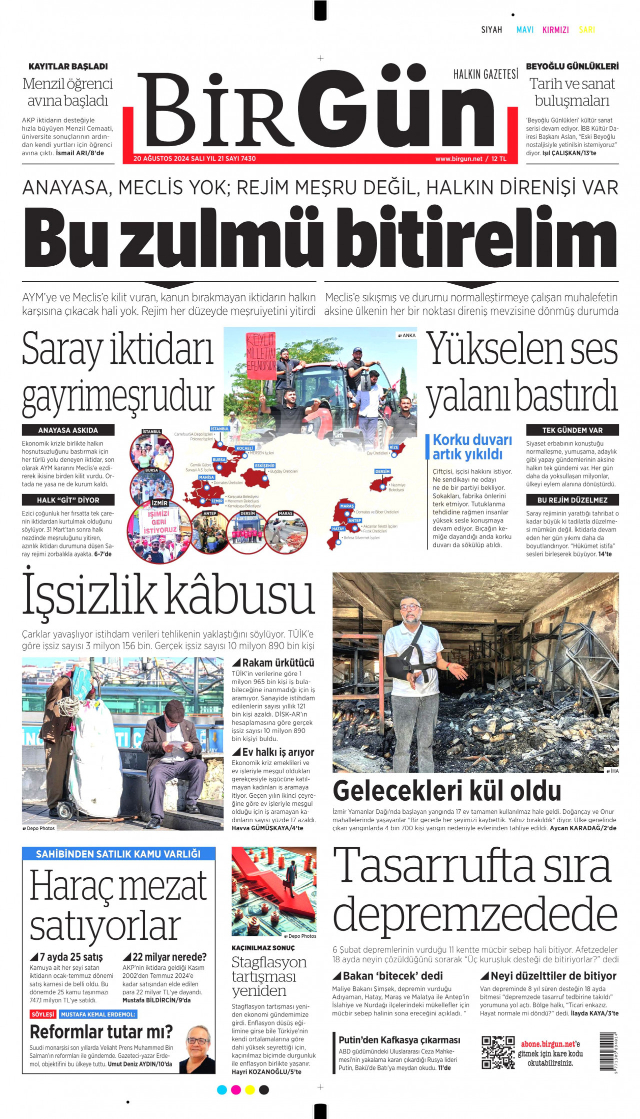 BİRGÜN gazetesinin 20 Ağustos 2024 tarihli birinci sayfası