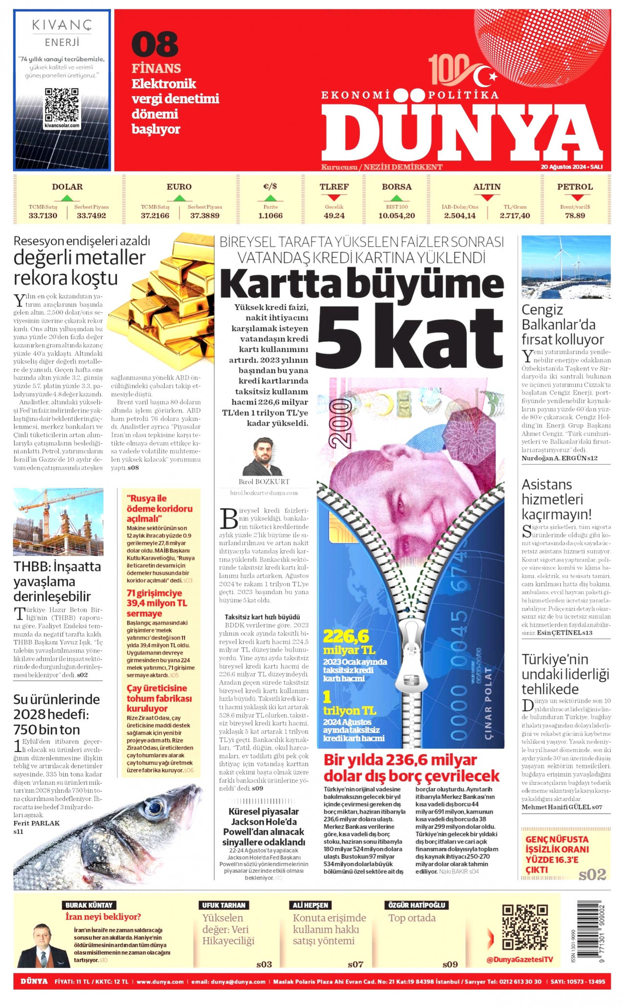 DÜNYA gazetesinin 20 Ağustos 2024 tarihli birinci sayfası